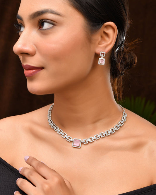 VOJ Silver Plated AD-Stone Studded Square Shaped Jewellery Set 