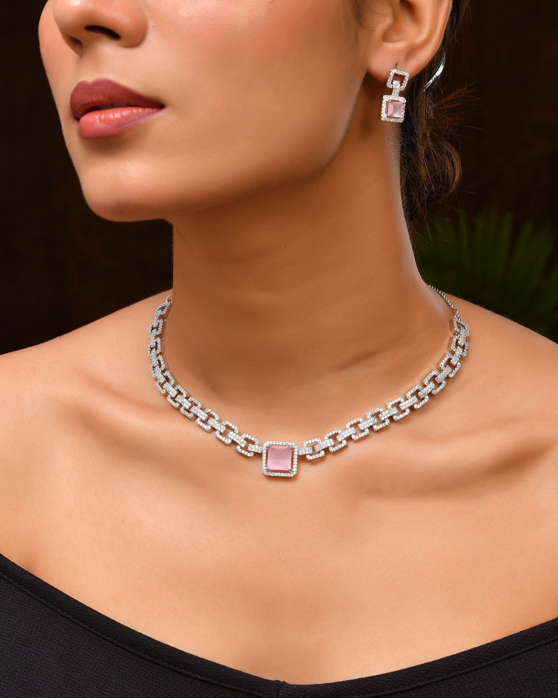 VOJ Silver Plated AD-Stone Studded Square Shaped Jewellery Set 