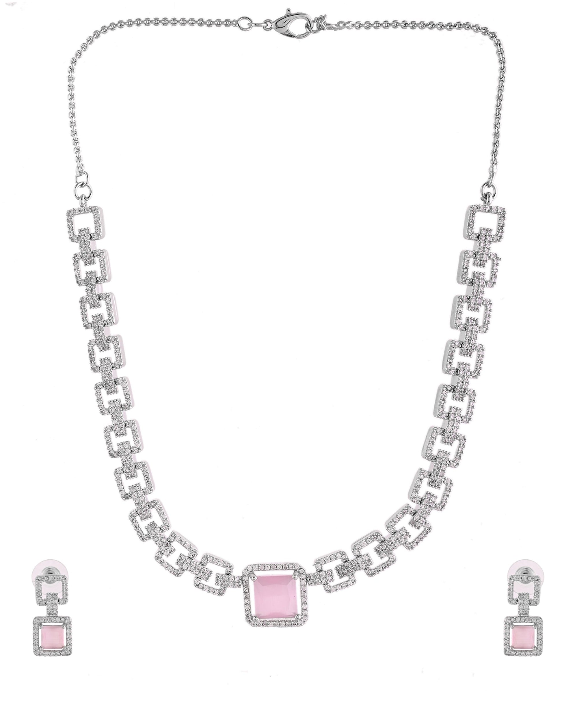 VOJ Silver Plated AD-Stone Studded Square Shaped Jewellery Set 