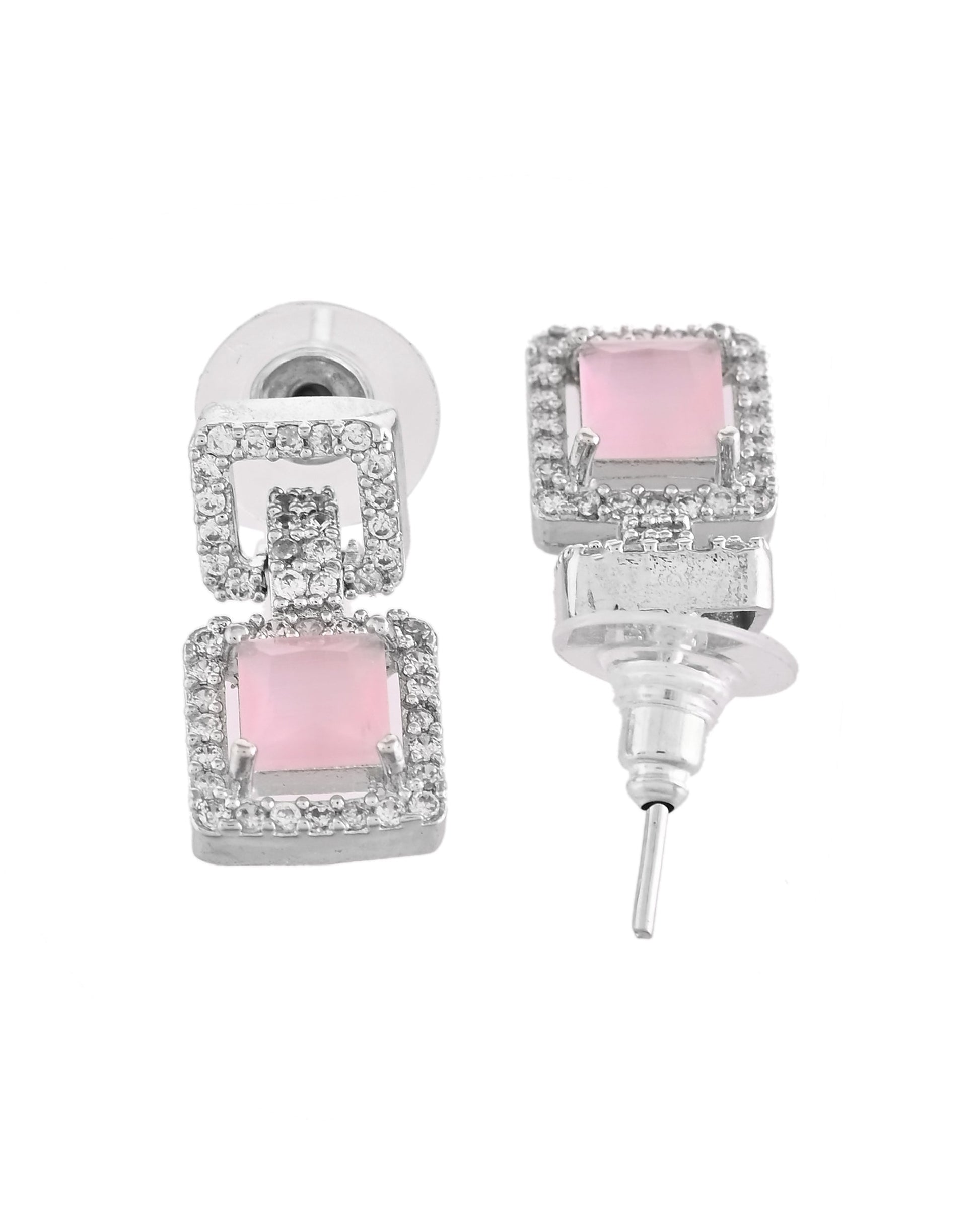 VOJ Silver Plated AD-Stone Studded Square Shaped Jewellery Set 