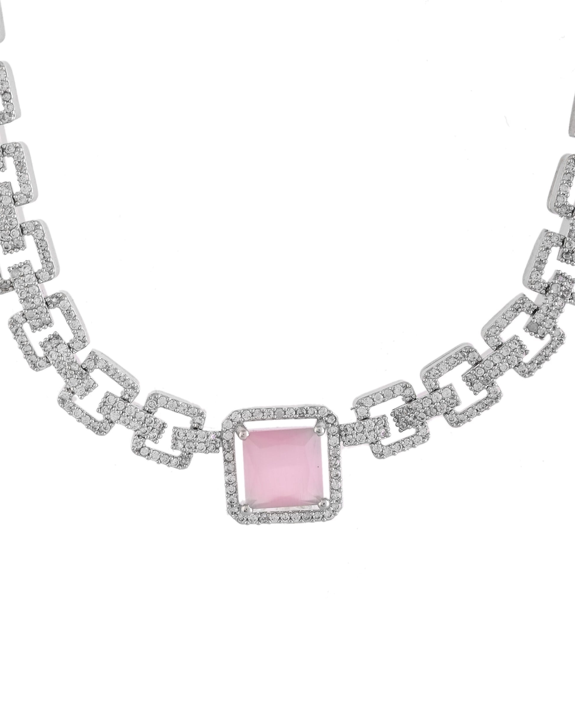 VOJ Silver Plated AD-Stone Studded Square Shaped Jewellery Set 