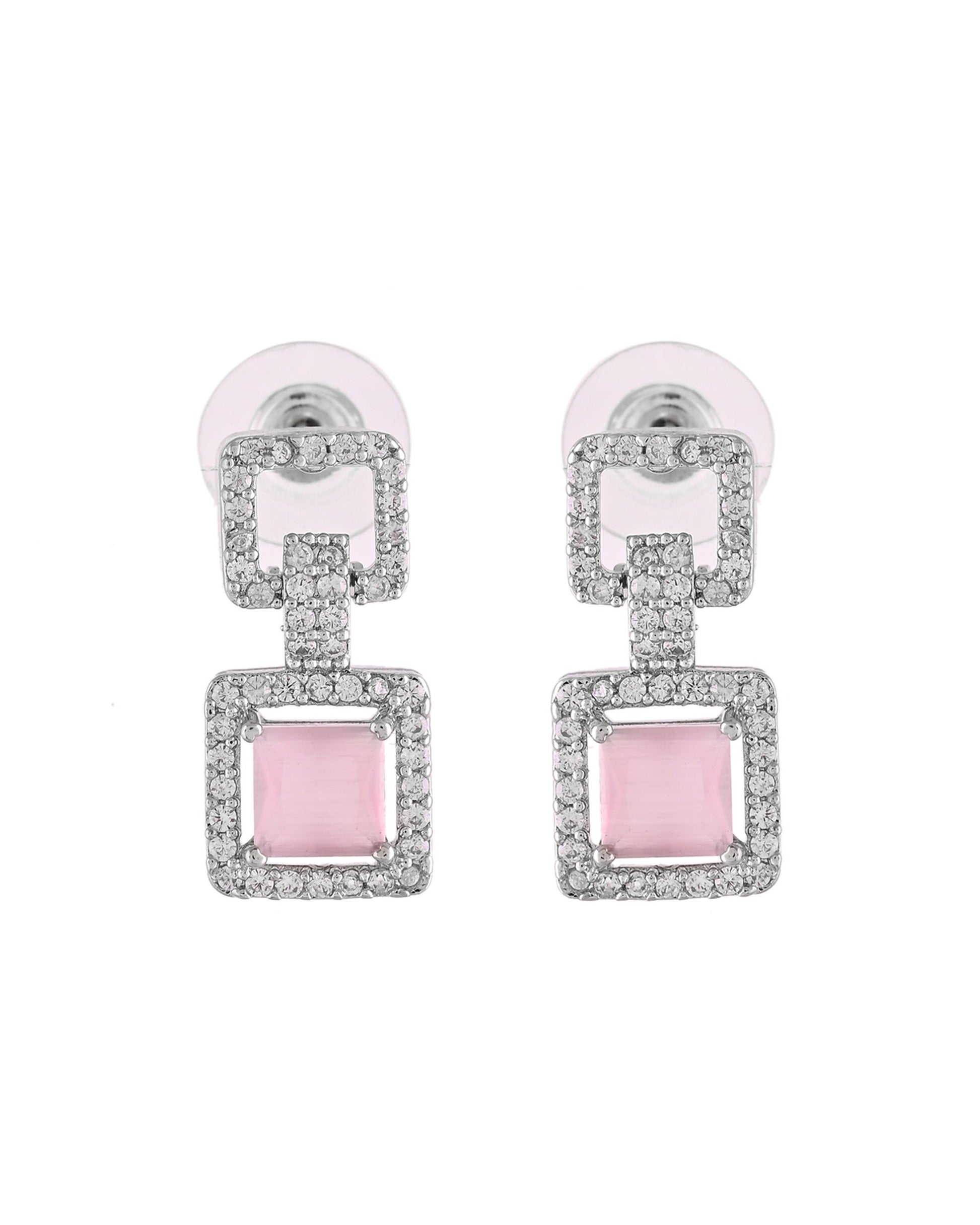 VOJ Silver Plated AD-Stone Studded Square Shaped Jewellery Set 
