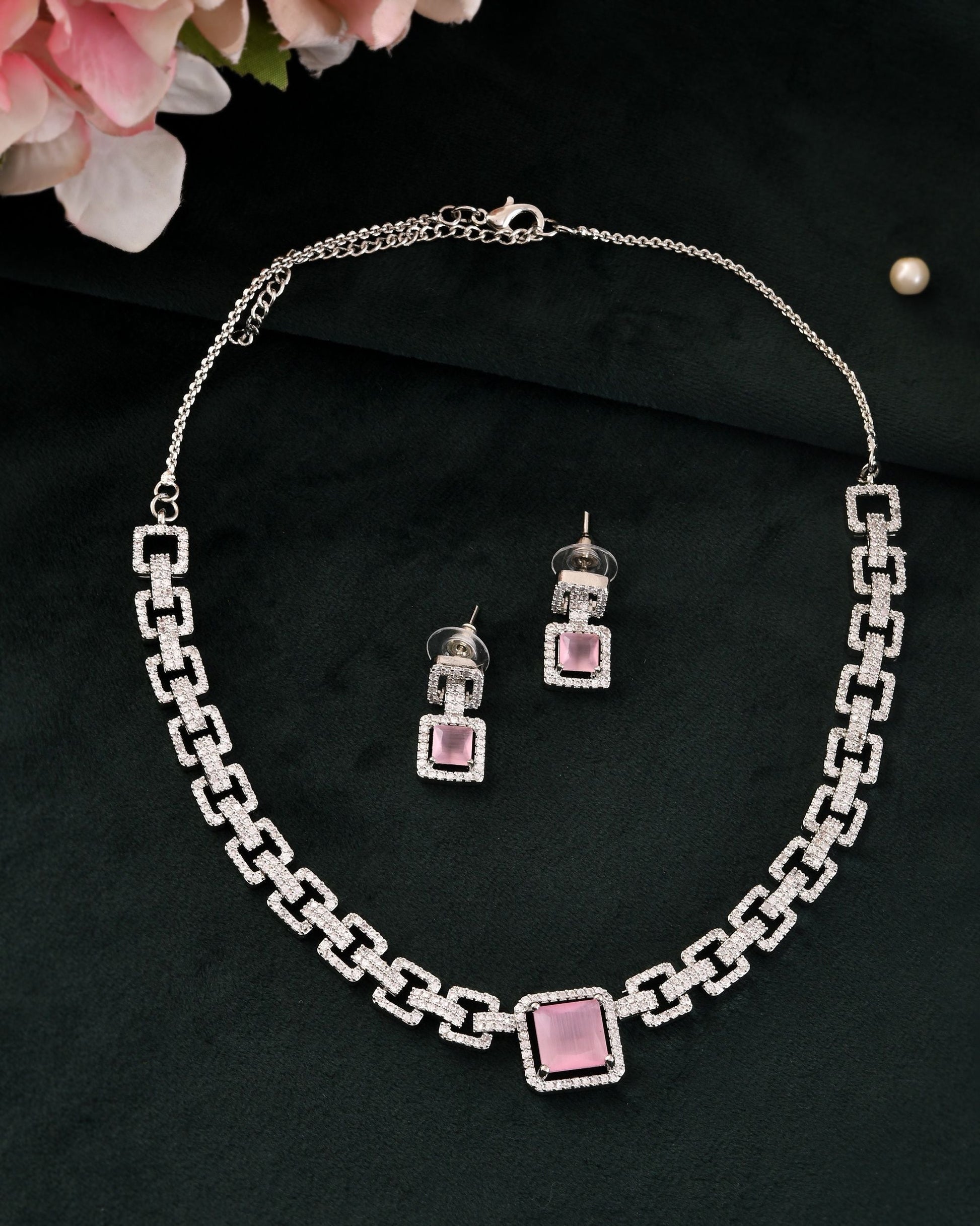 VOJ Silver Plated AD-Stone Studded Square Shaped Jewellery Set 