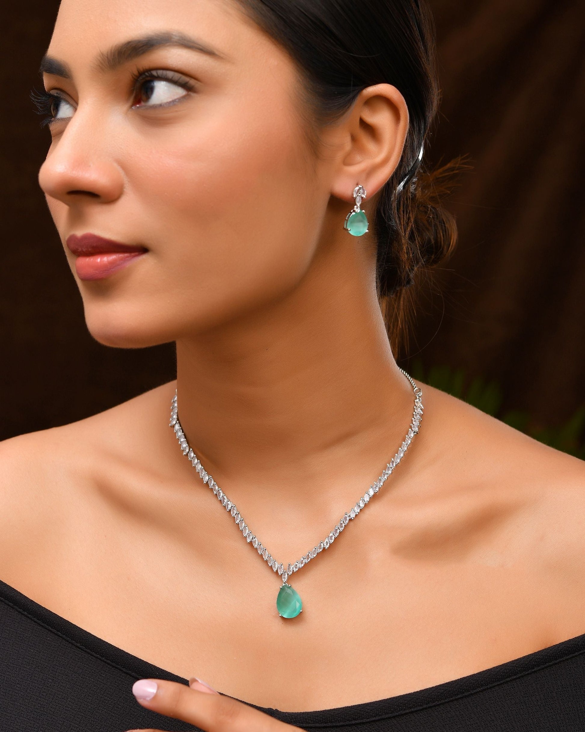 VOJ Silver Plated Sea Green Stone Studded Necklace Set  Grab2Buy VOJ Grab2Buy