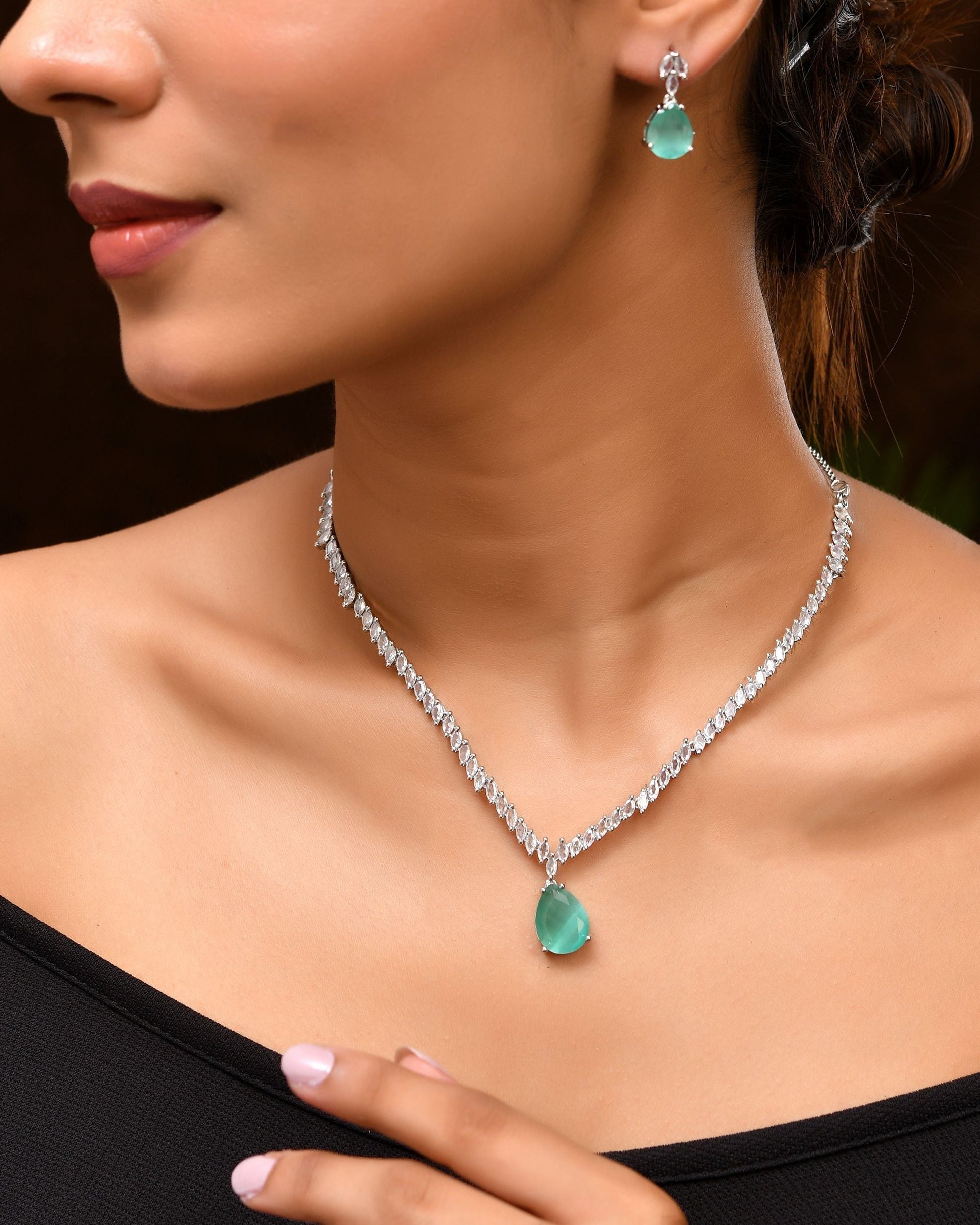 VOJ Silver Plated Sea Green Stone Studded Necklace Set  Grab2Buy VOJ Grab2Buy