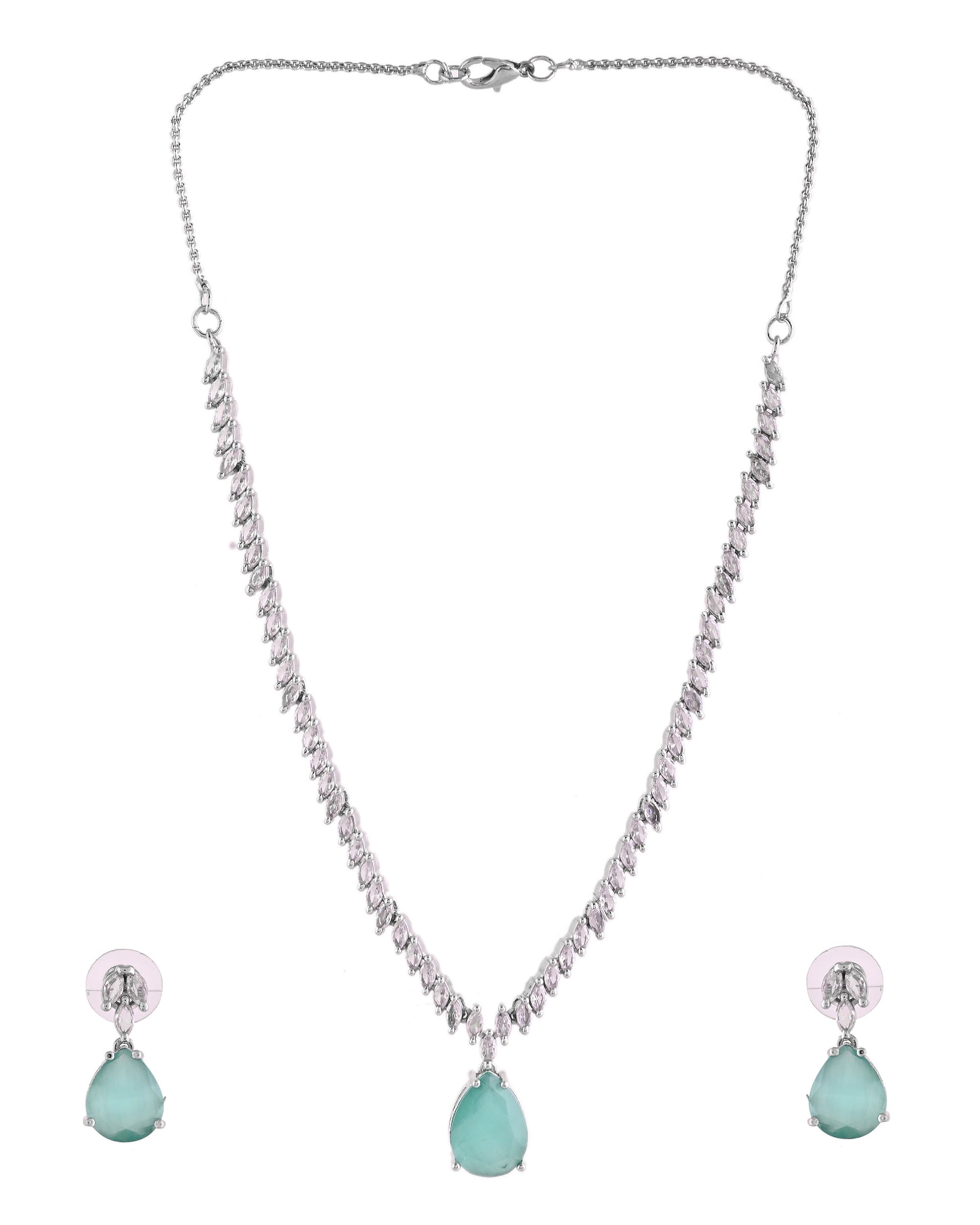 VOJ Silver Plated Sea Green Stone Studded Necklace Set  Grab2Buy VOJ Grab2Buy