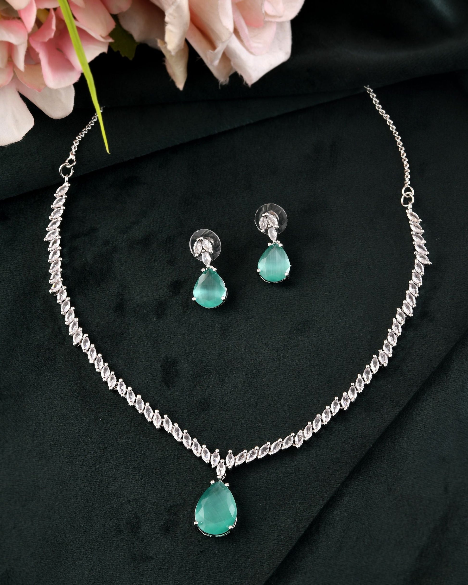 VOJ Silver Plated Sea Green Stone Studded Necklace Set  Grab2Buy VOJ Grab2Buy