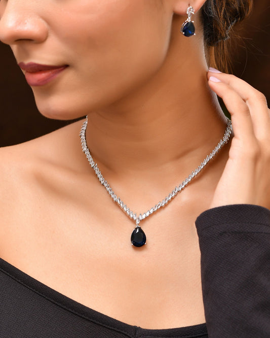 VOJ Silver Plated Blue Stone Studded Necklace Set  Grab2Buy VOJ Grab2Buy