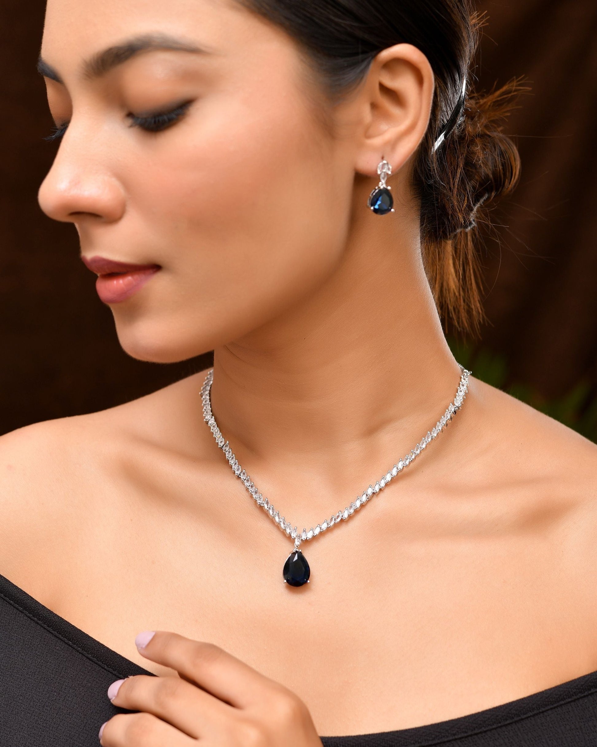 VOJ Silver Plated Blue Stone Studded Necklace Set  Grab2Buy VOJ Grab2Buy