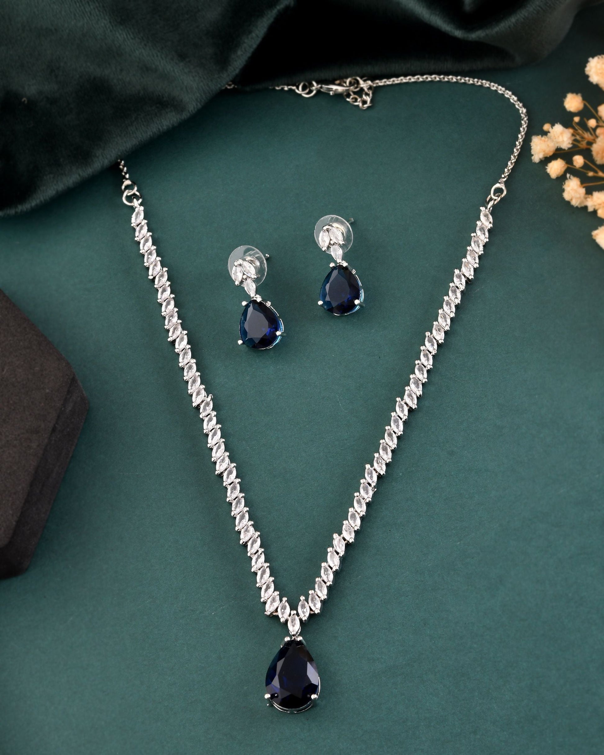 VOJ Silver Plated Blue Stone Studded Necklace Set  Grab2Buy VOJ Grab2Buy