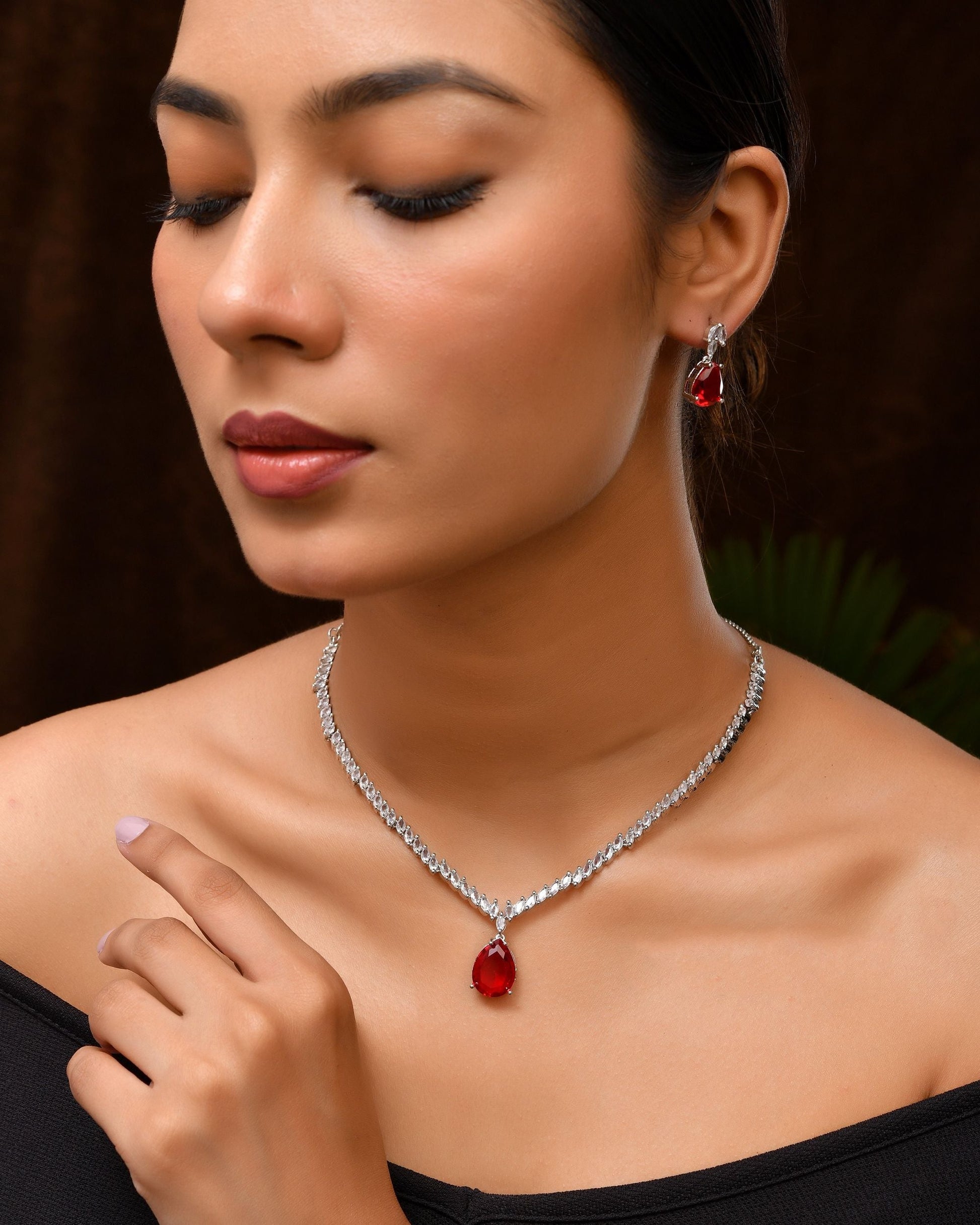 VOJ Silver Plated Red Stone Studded Necklace Set  Grab2Buy VOJ Grab2Buy