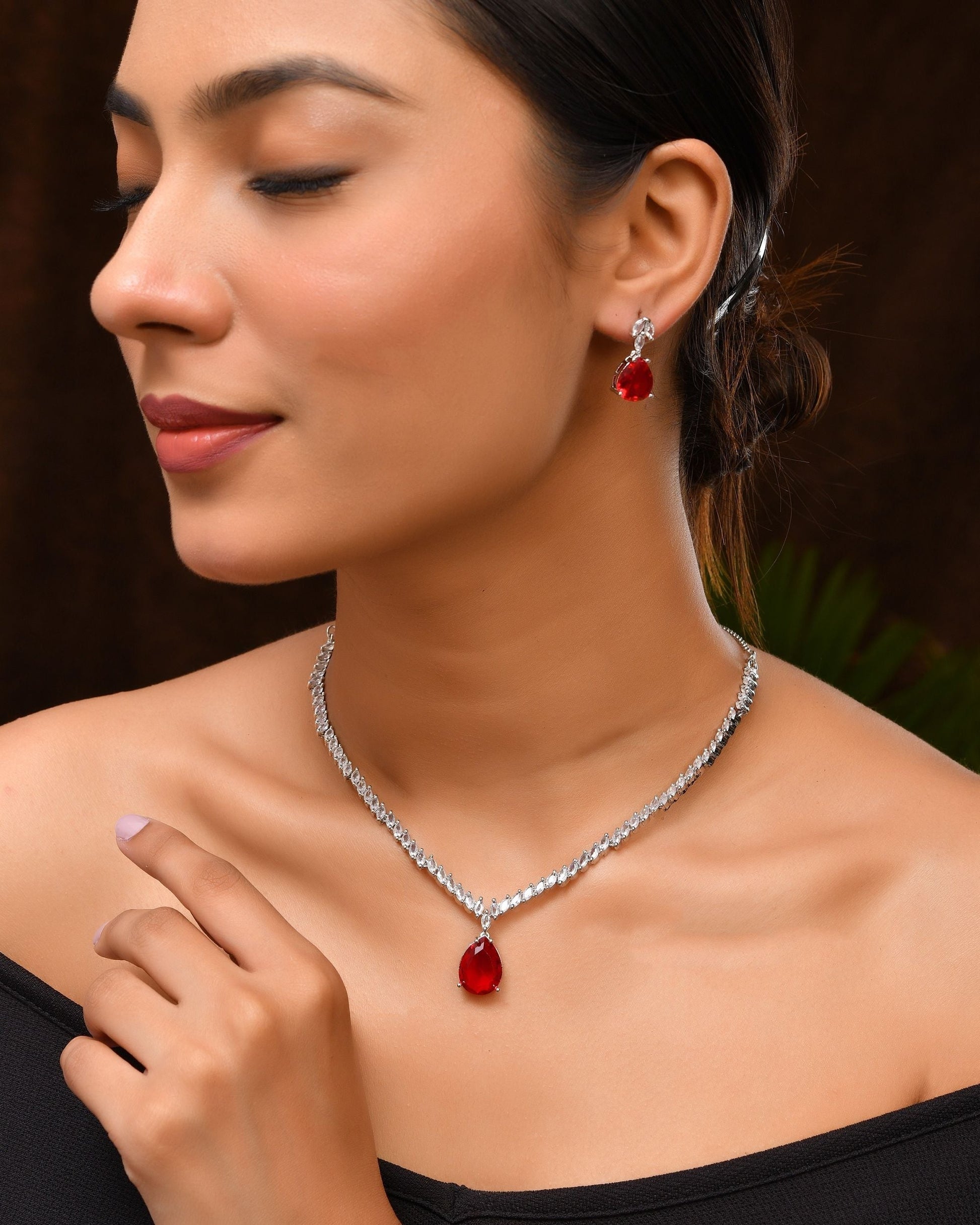VOJ Silver Plated Red Stone Studded Necklace Set  Grab2Buy VOJ Grab2Buy