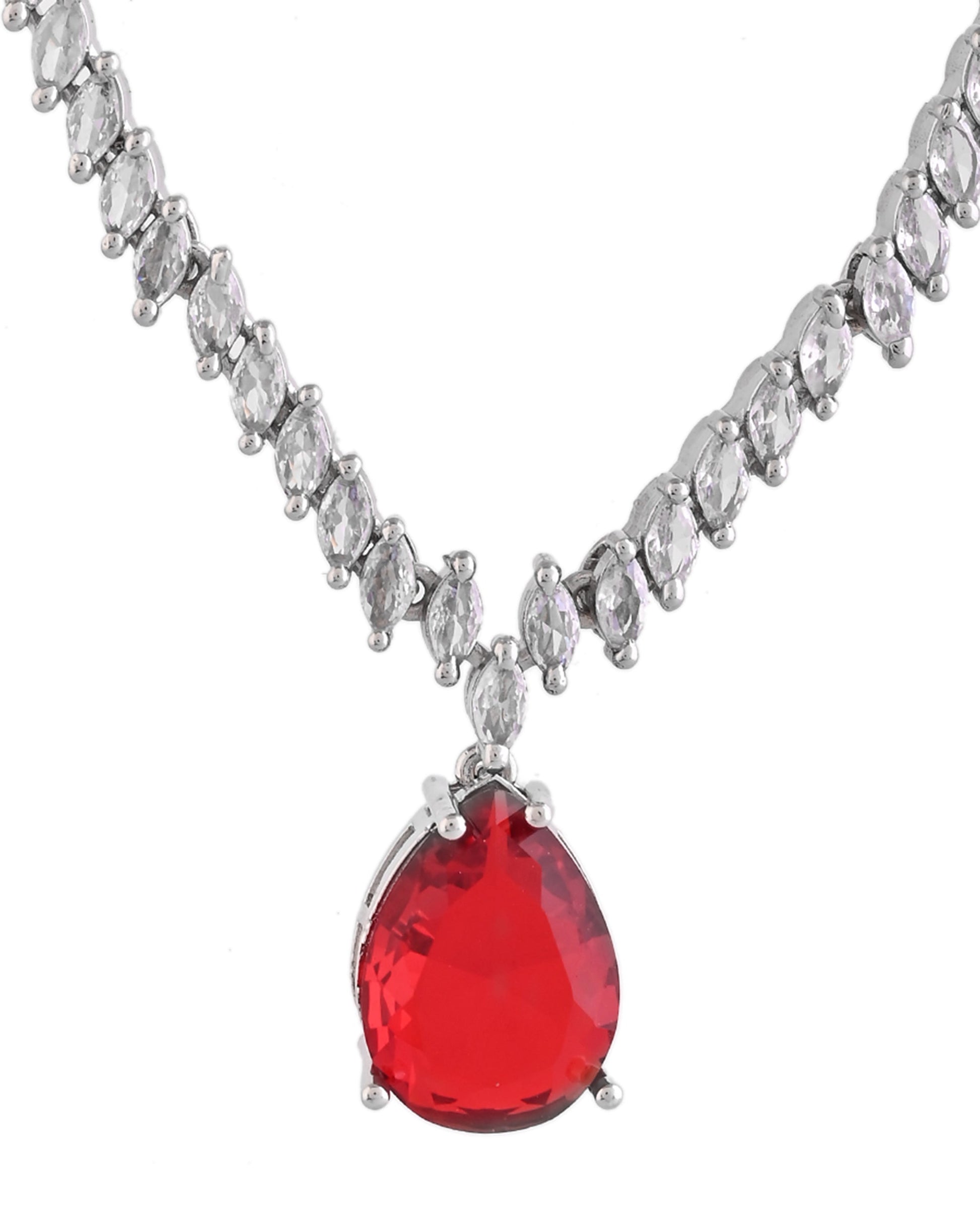 VOJ Silver Plated Red Stone Studded Necklace Set  Grab2Buy VOJ Grab2Buy