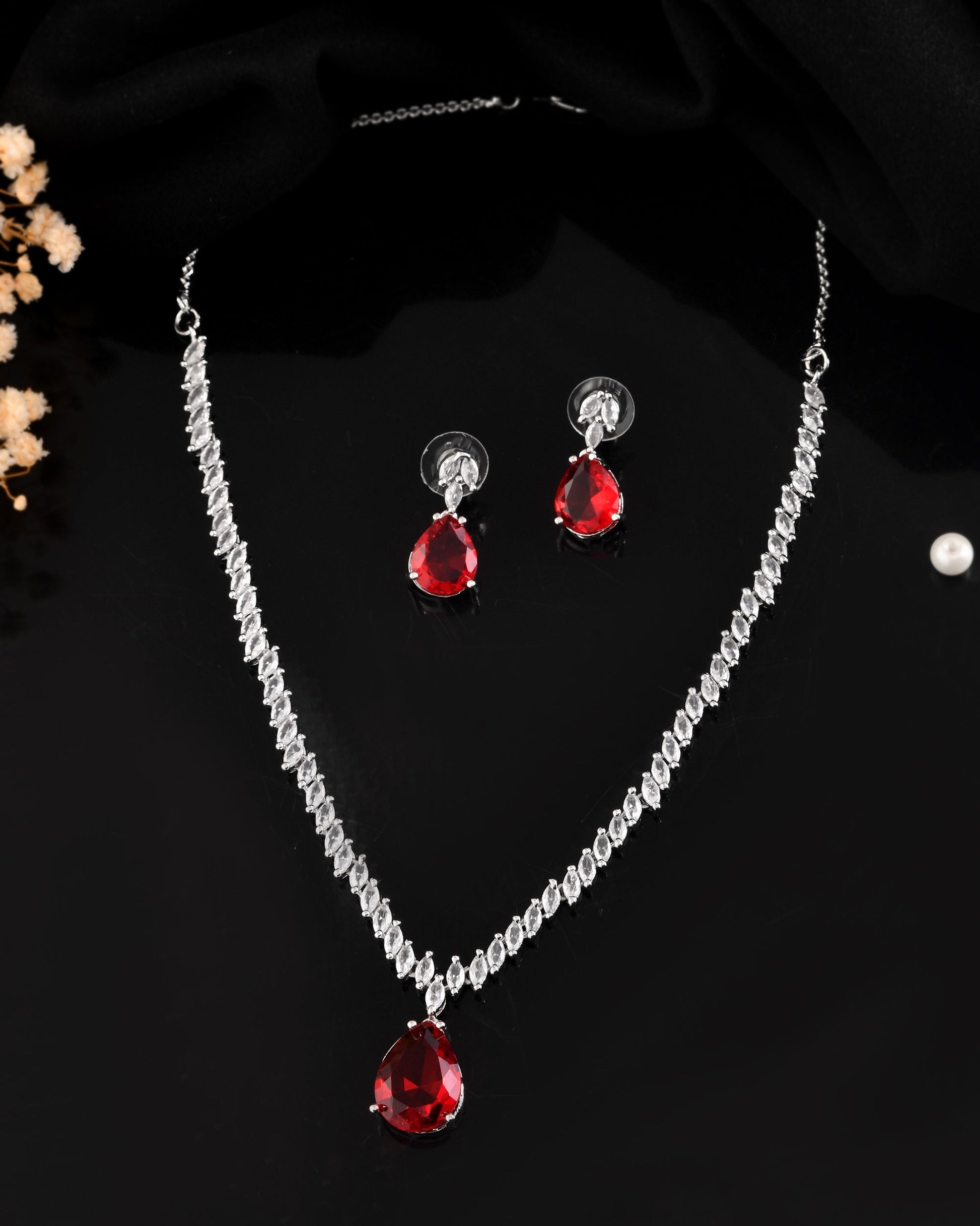 VOJ Silver Plated Red Stone Studded Necklace Set  Grab2Buy VOJ Grab2Buy