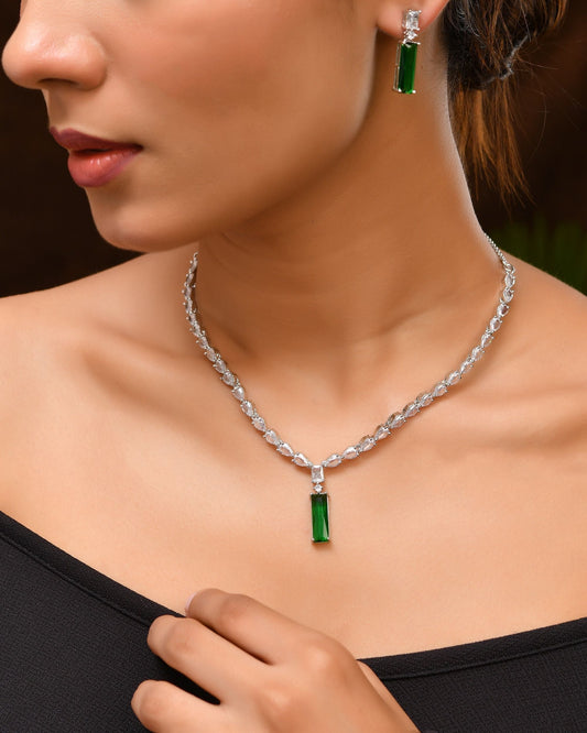 VOJ Silver Plated Green Stone Studded Necklace Set | Grab2Buy
