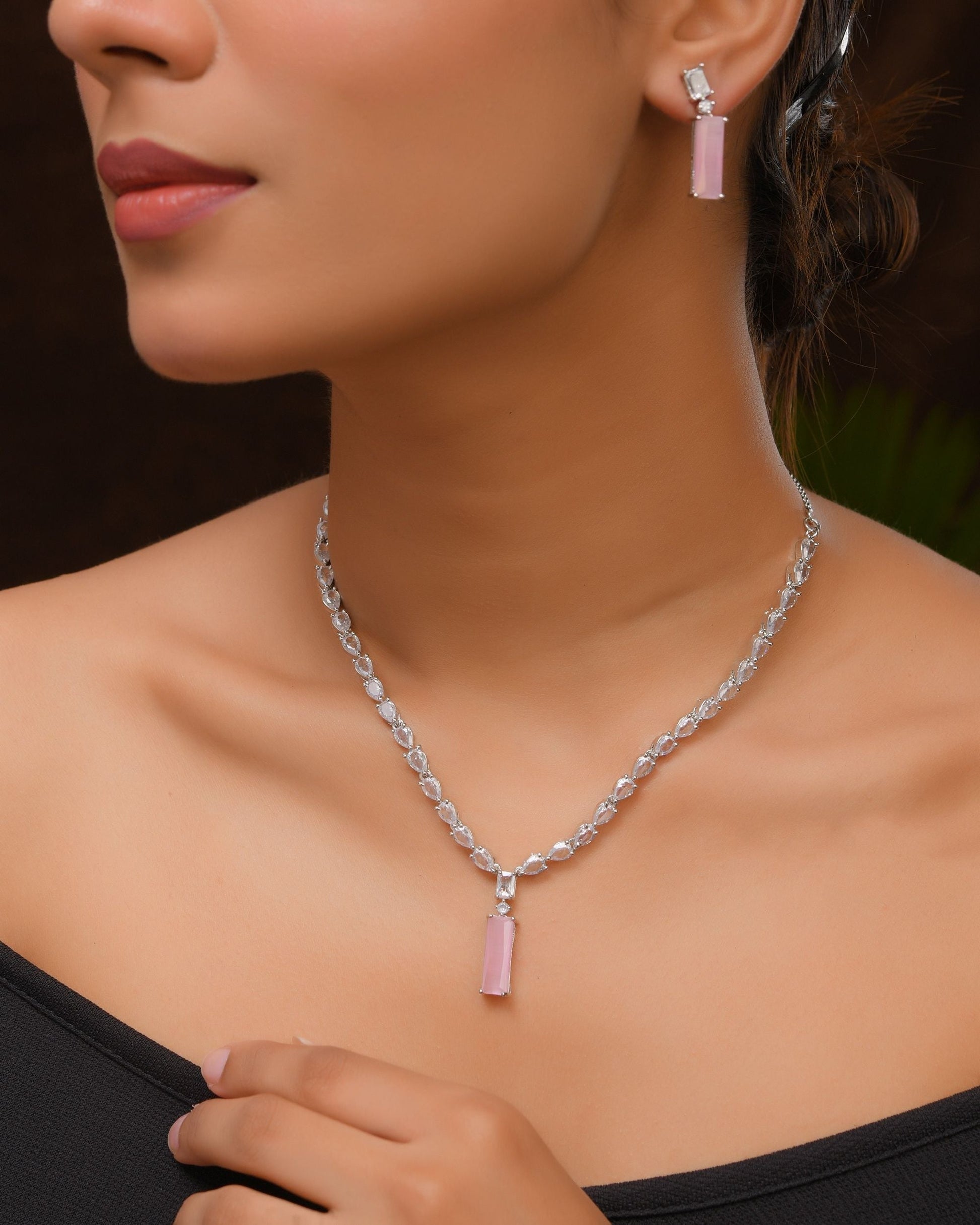 VOJ Silver Plated Baby Pink Stone Studded Necklace Set  Grab2Buy VOJ Grab2Buy