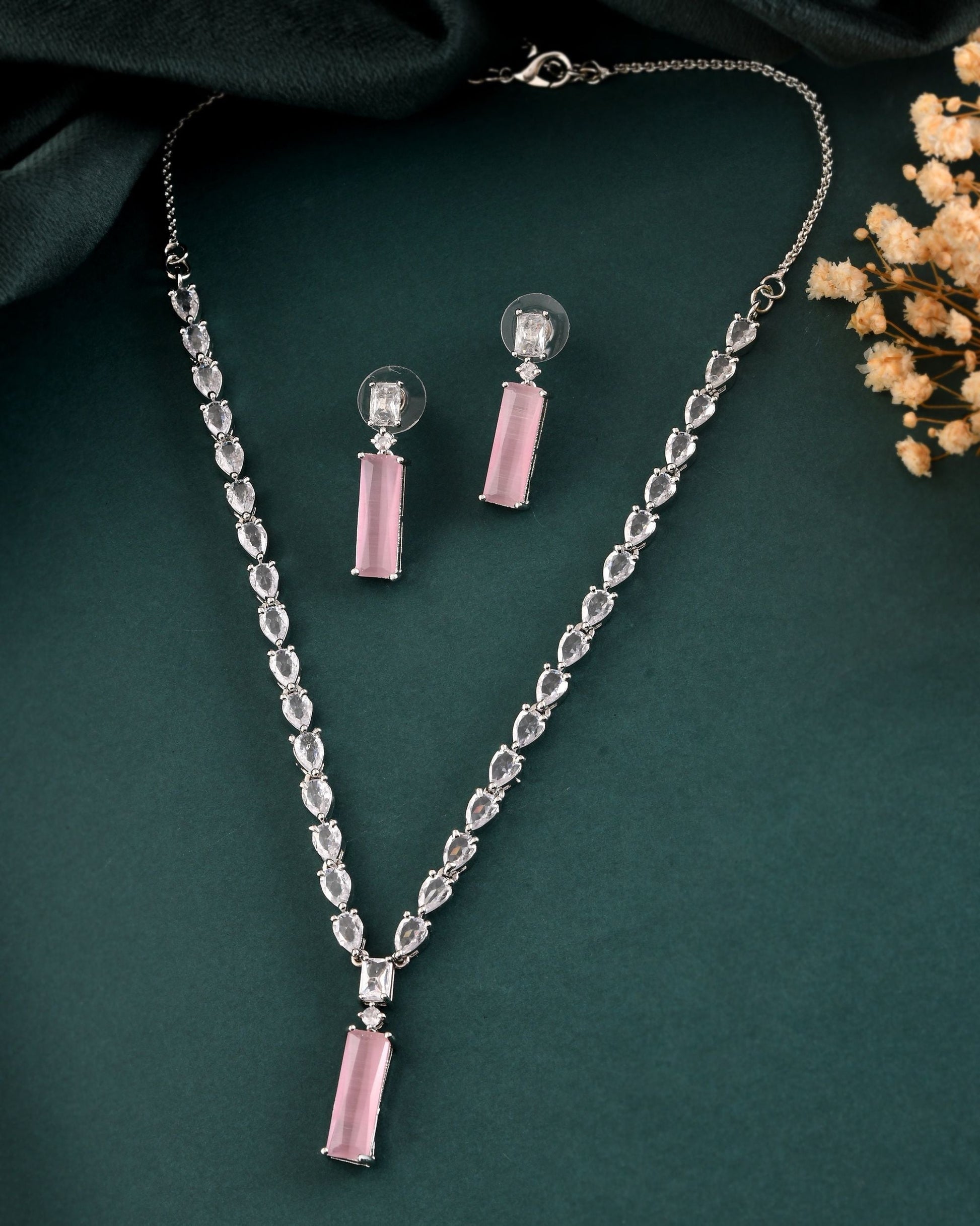 VOJ Silver Plated Baby Pink Stone Studded Necklace Set  Grab2Buy VOJ Grab2Buy