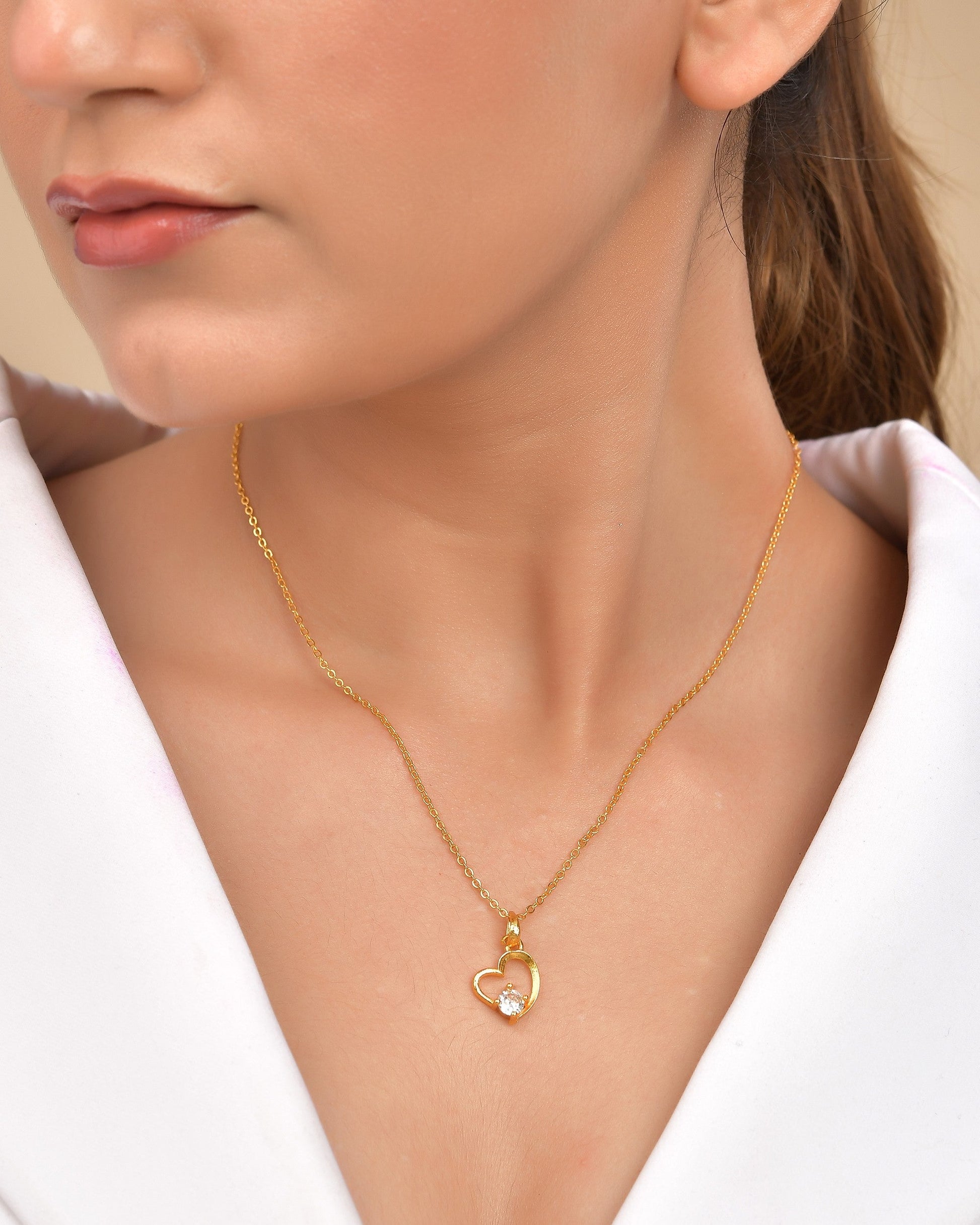 VOJ Gold Polished Chain With Heart Shaped Stone Studded Pendant 