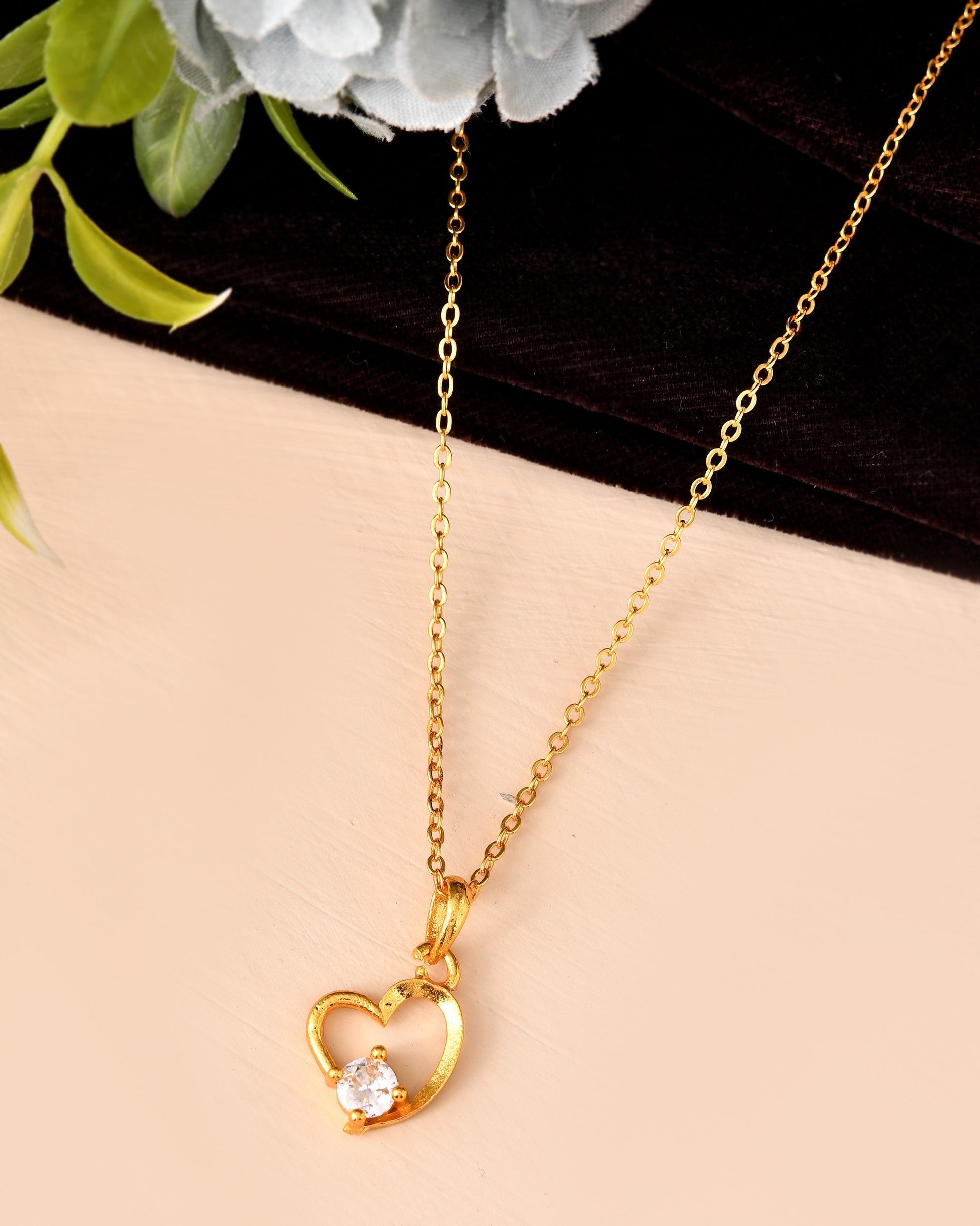 VOJ Gold Polished Chain With Heart Shaped Stone Studded Pendant 
