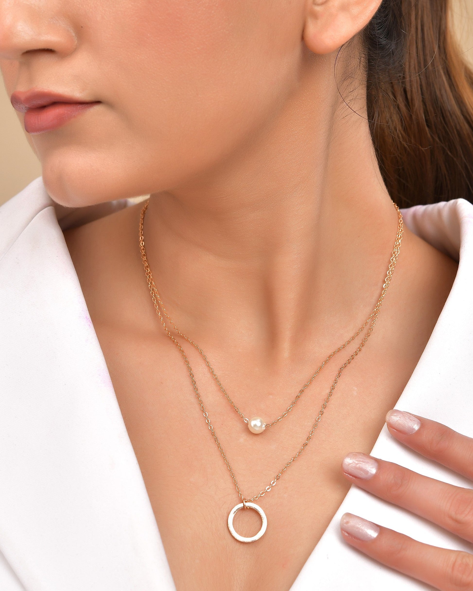 VOJ Gold Polished Multi Layer Pearl Studded Designer Chain 
