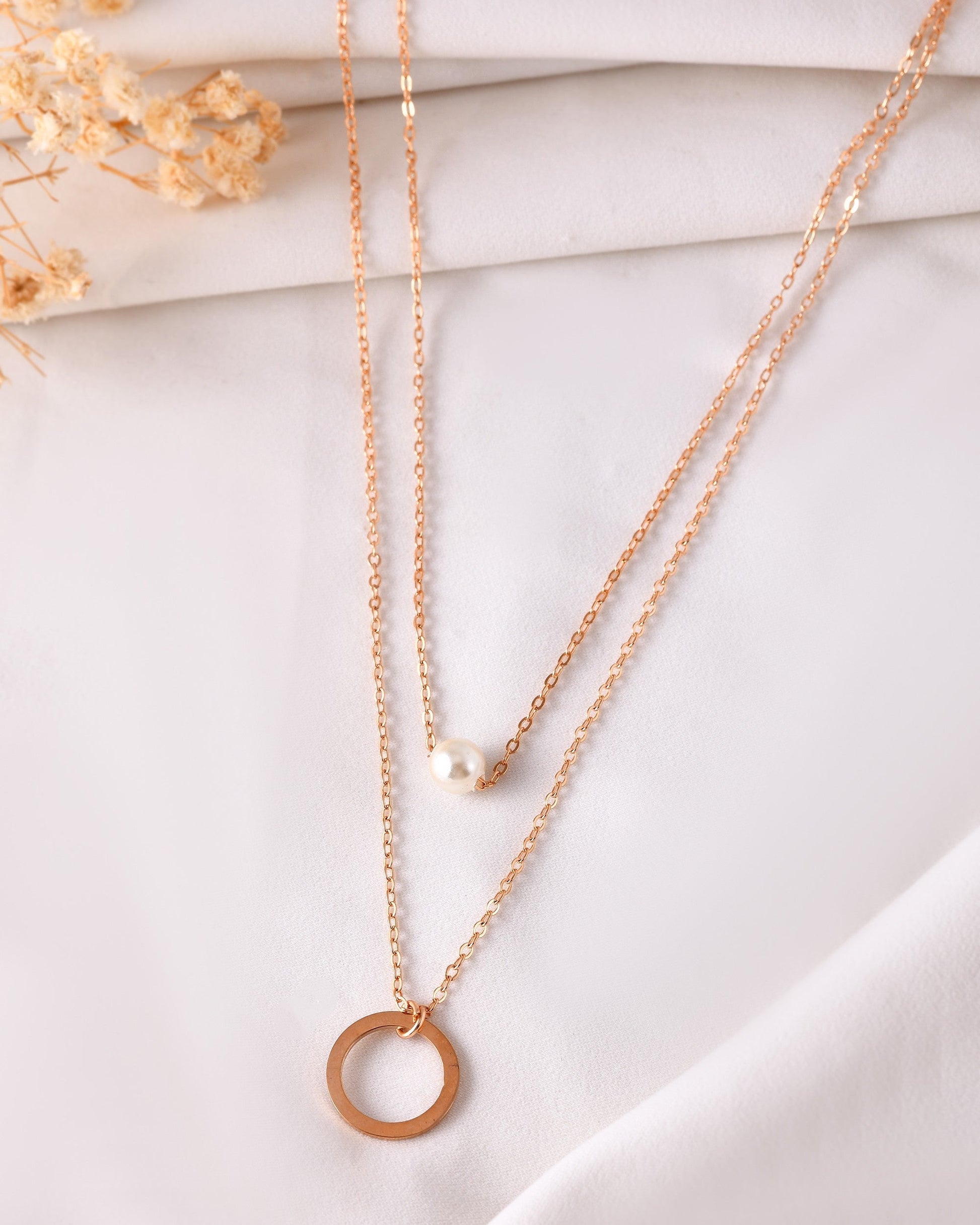 VOJ Gold Polished Multi Layer Pearl Studded Designer Chain 