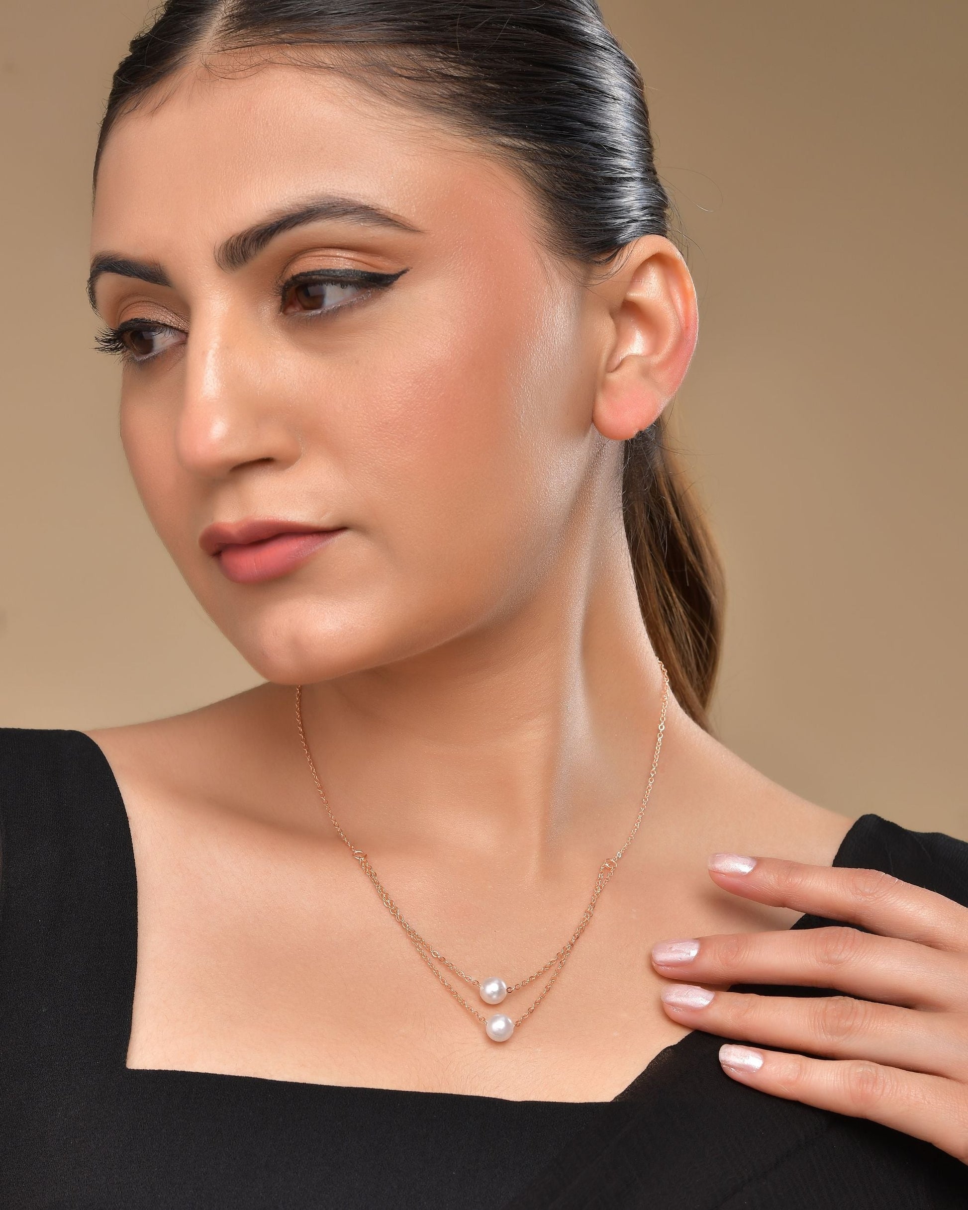 VOJ Gold Polished Pearl Studded Multi Layer Chain 