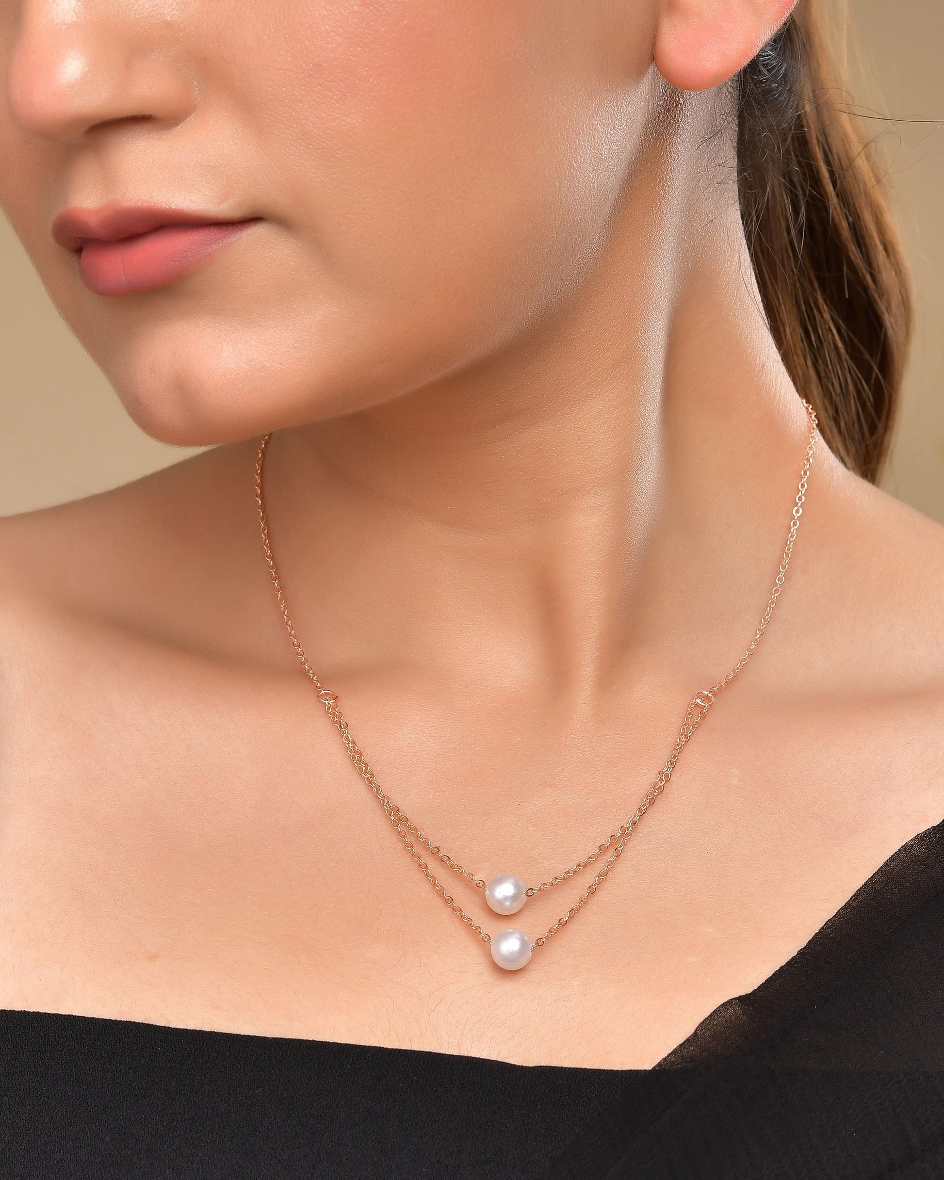 VOJ Gold Polished Pearl Studded Multi Layer Chain 