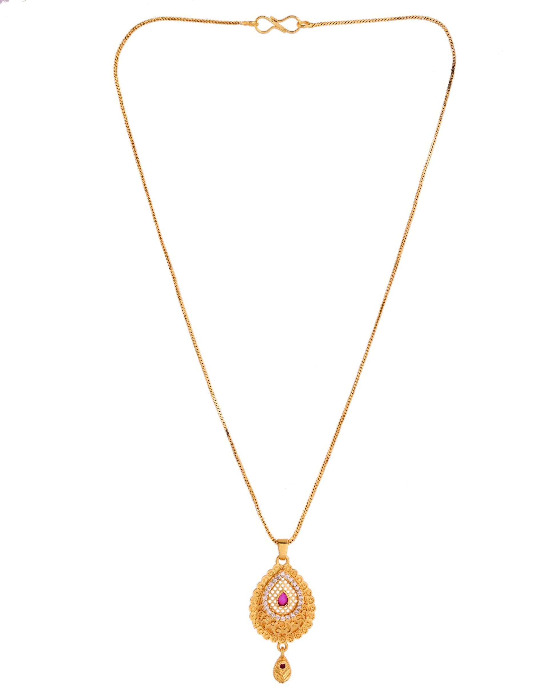 VOJ Gold Polished Teardrop Shaped Pendant With Chain Set 