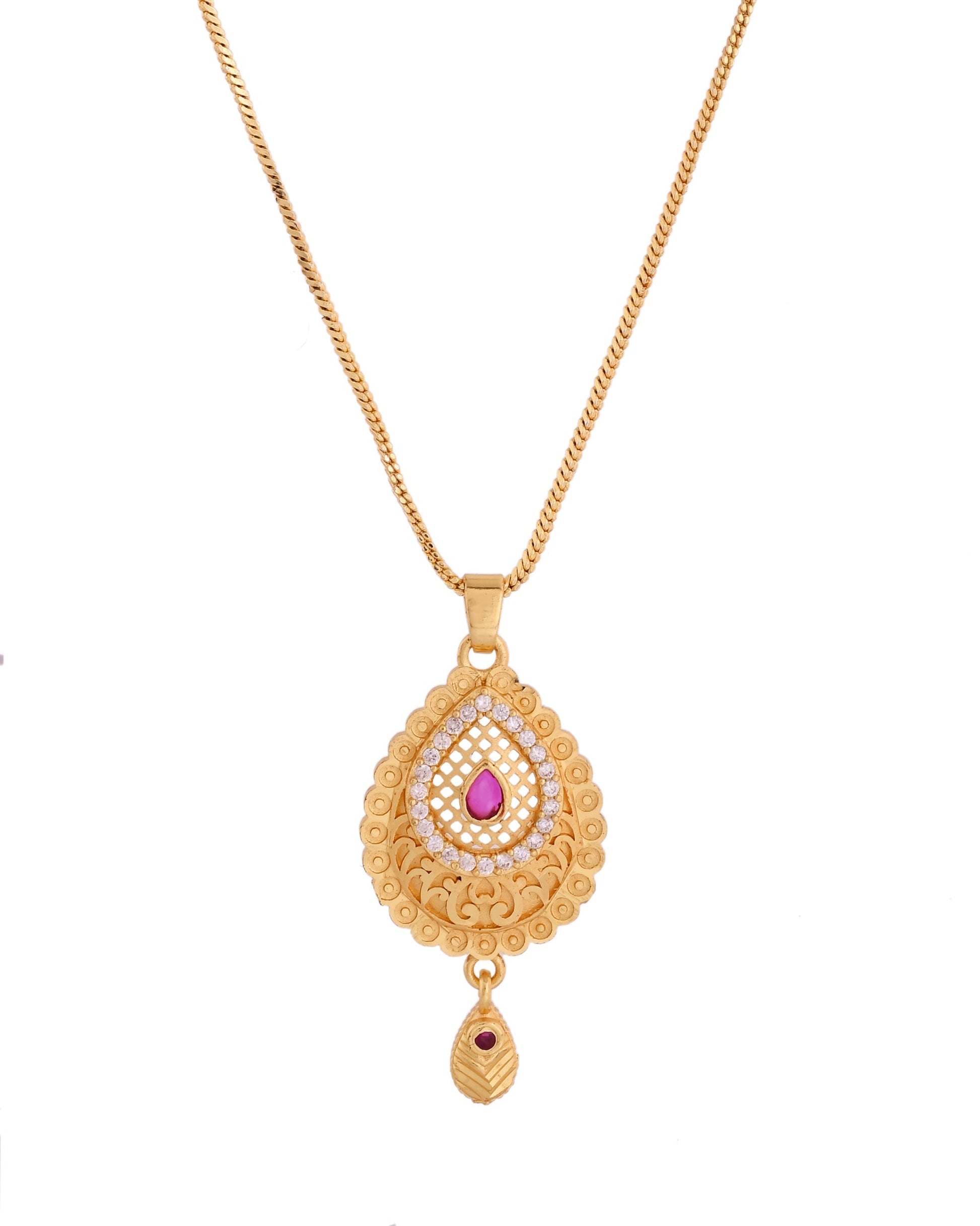 VOJ Gold Polished Teardrop Shaped Pendant With Chain Set 