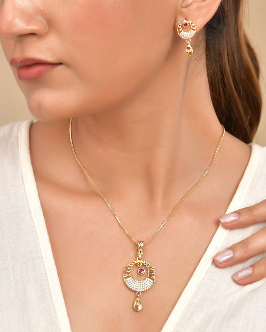 VOJ Gold Polished Circular Pendant With Chain And Earrings Set 