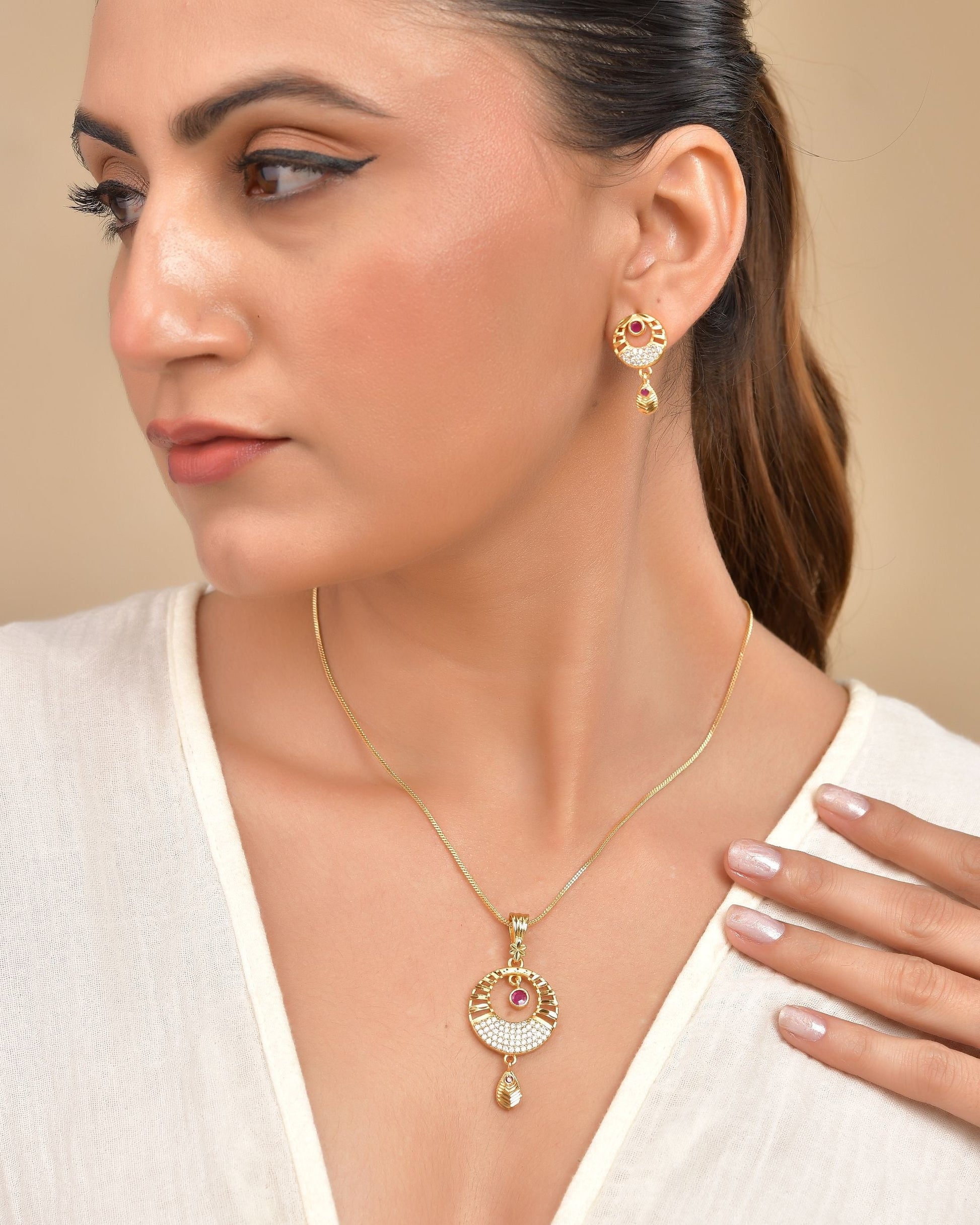 VOJ Gold Polished Circular Pendant With Chain And Earrings Set 