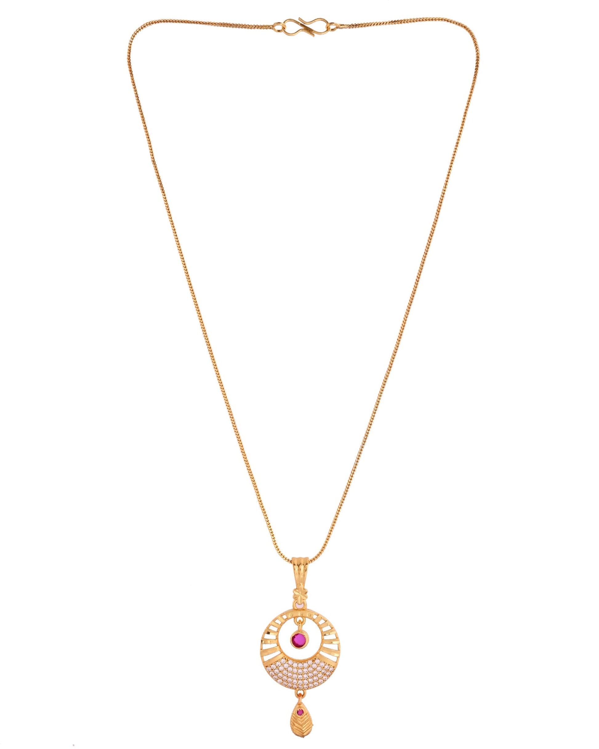 VOJ Gold Polished Circular Pendant With Chain And Earrings Set 