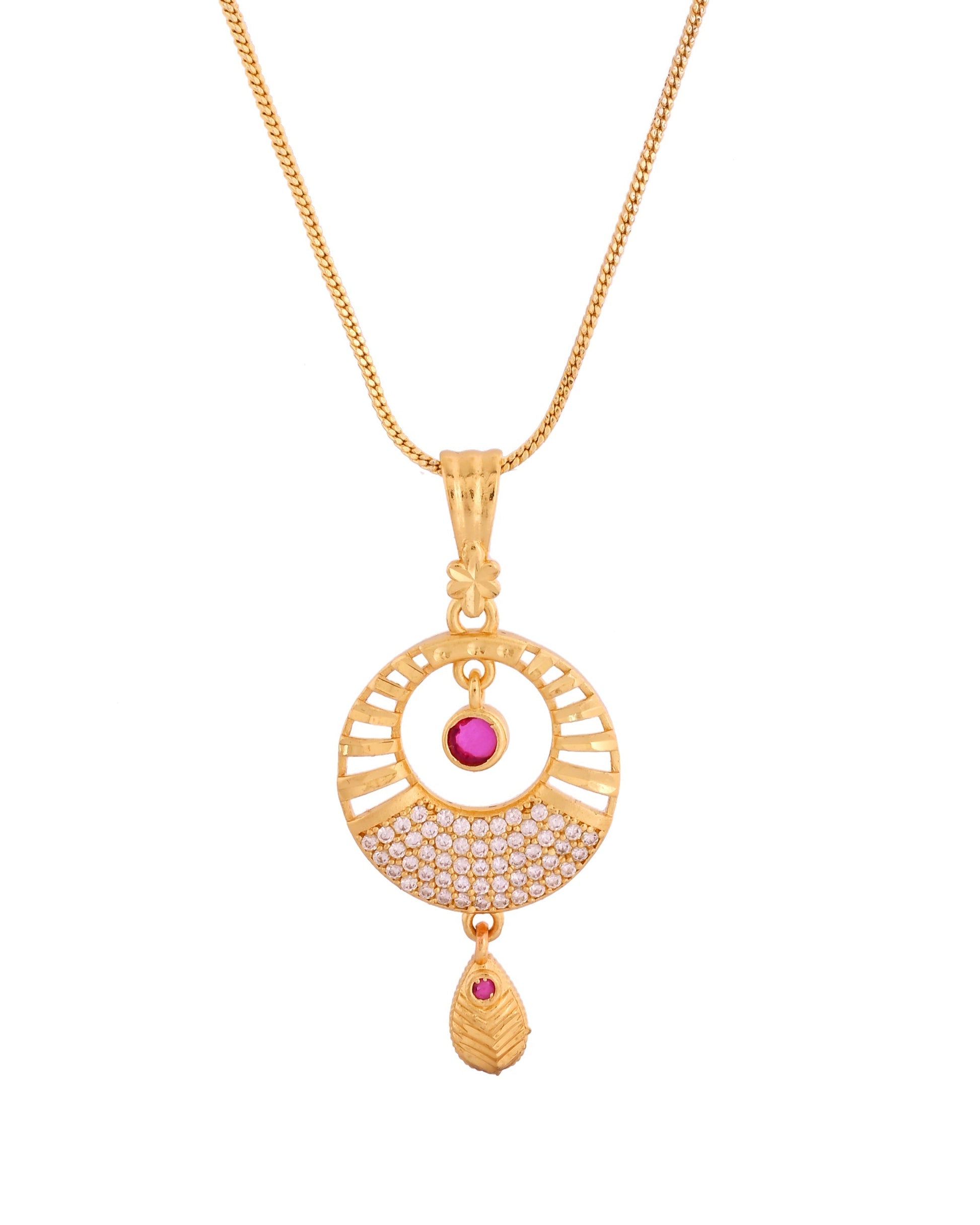 VOJ Gold Polished Circular Pendant With Chain And Earrings Set 