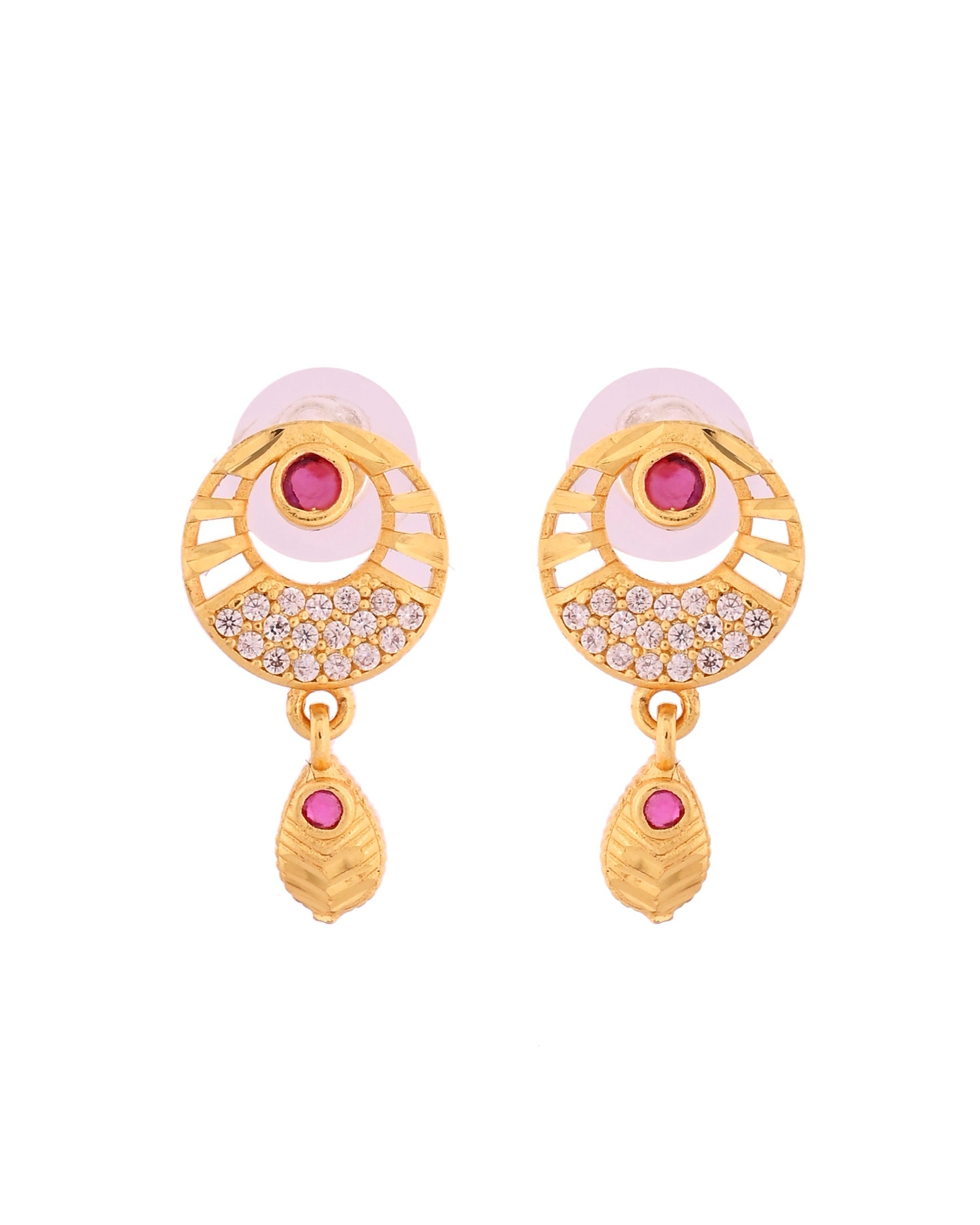 VOJ Gold Polished Circular Pendant With Chain And Earrings Set 