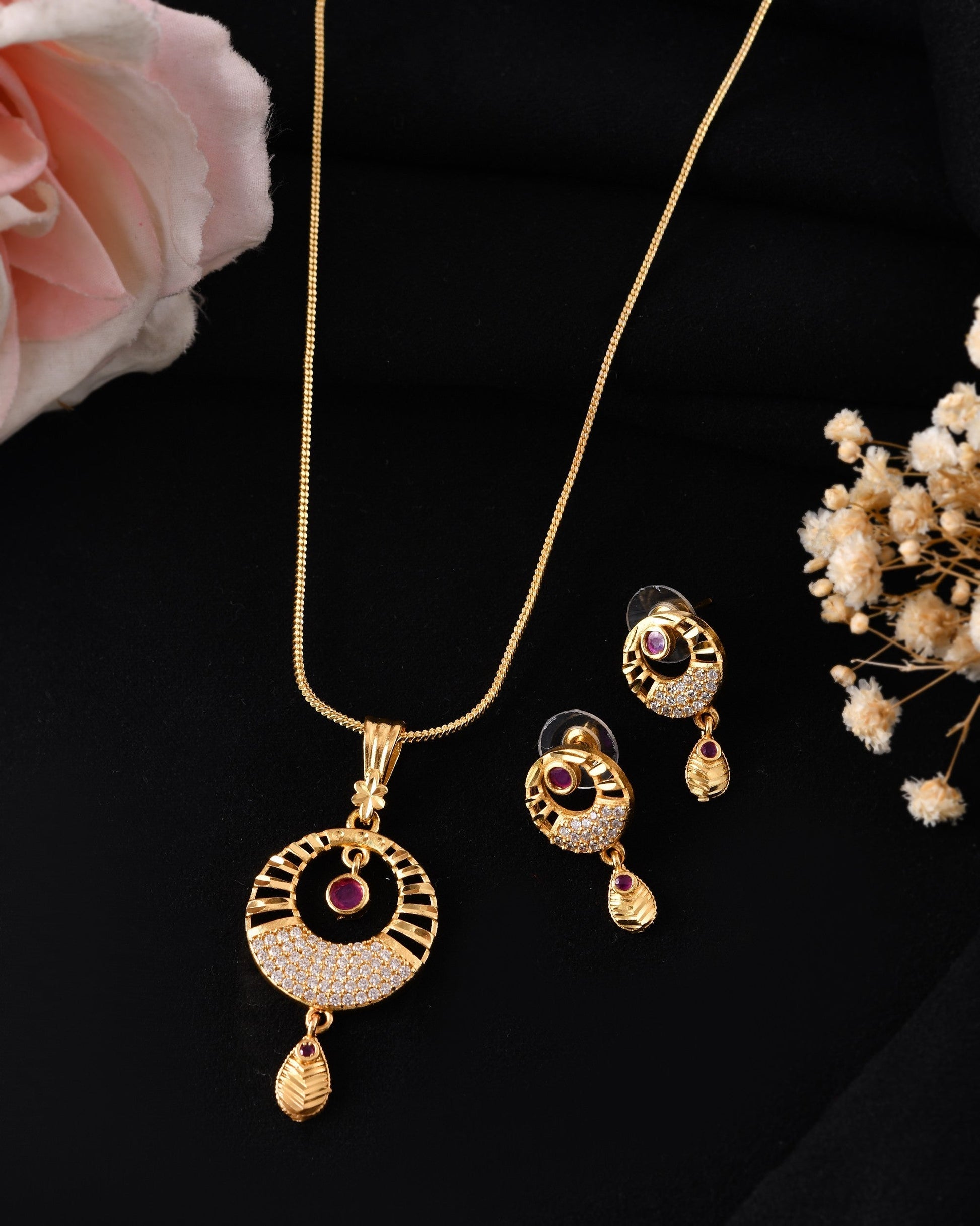 VOJ Gold Polished Circular Pendant With Chain And Earrings Set 