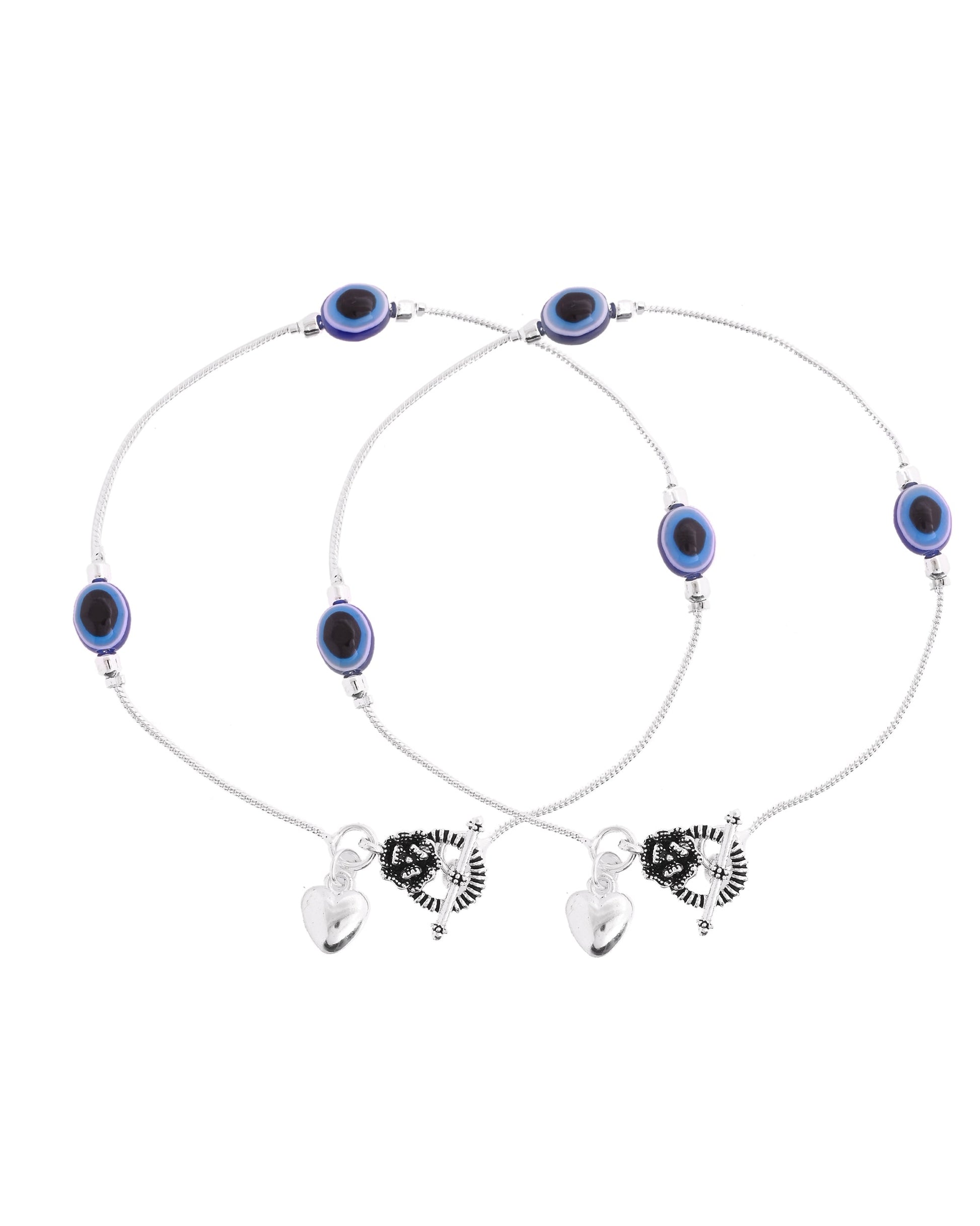VOJ Set Of 2 Silver-Plated Stainless Steel Evil Eye Studded Anklet 