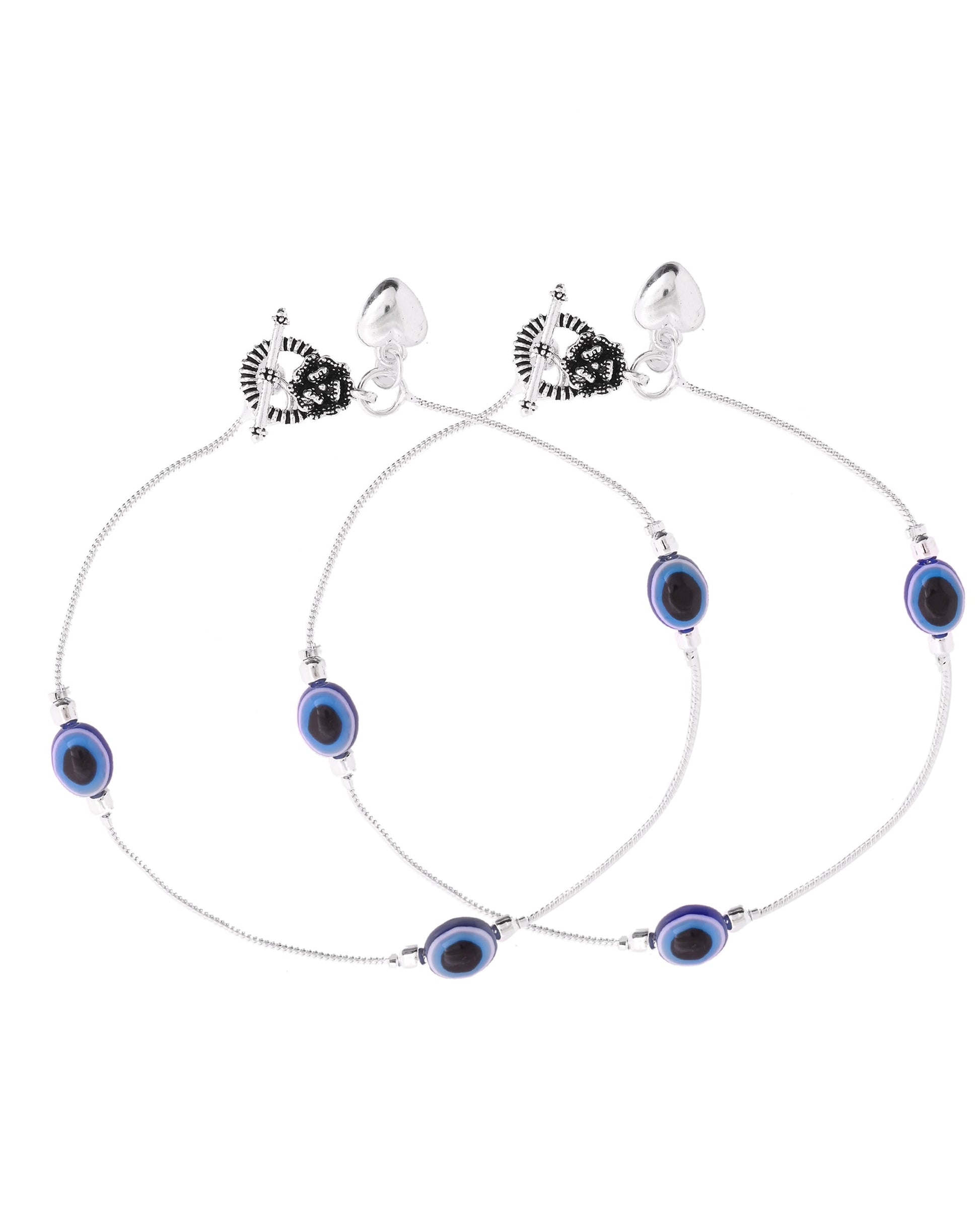 VOJ Set Of 2 Silver-Plated Stainless Steel Evil Eye Studded Anklet 