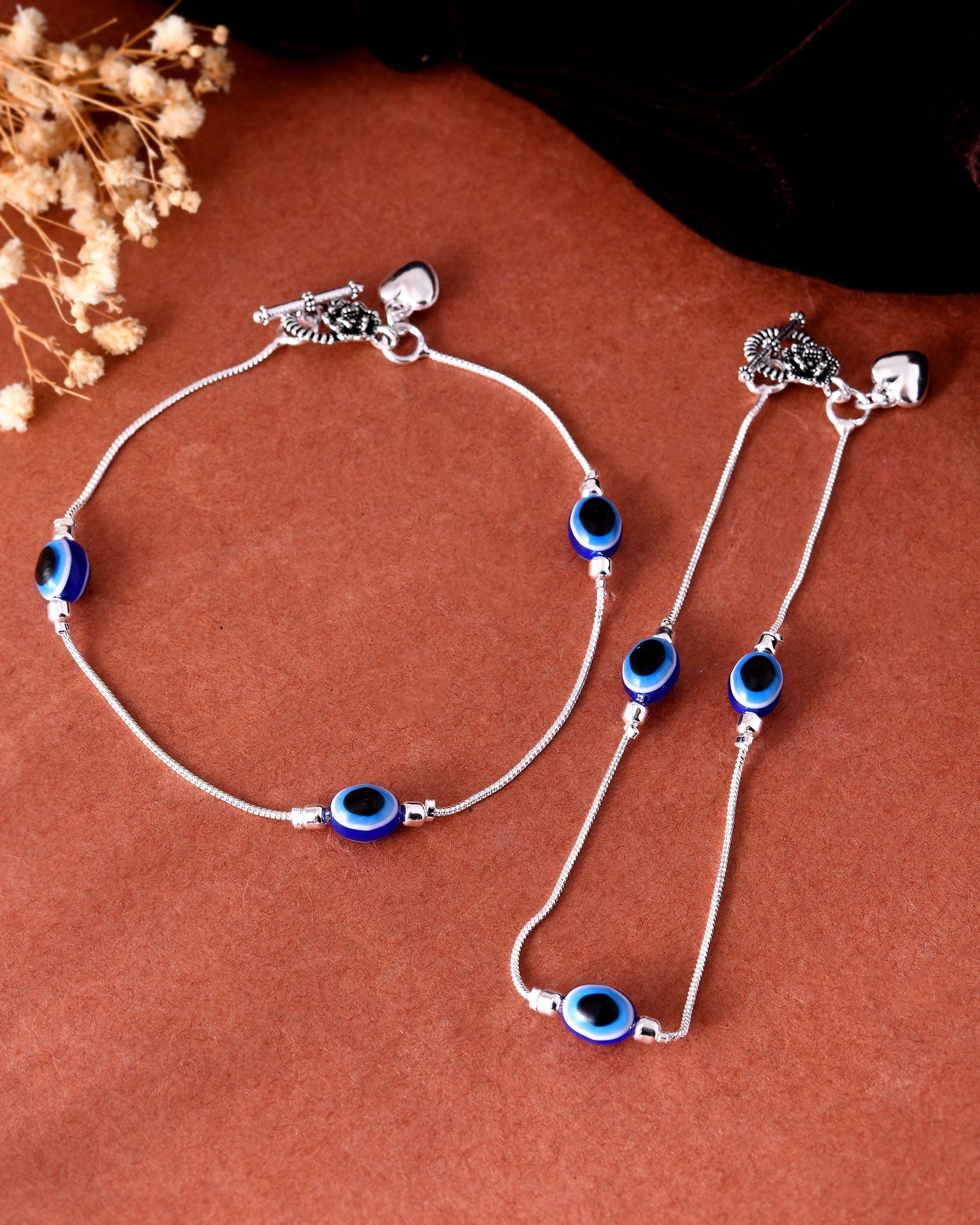 VOJ Set Of 2 Silver-Plated Stainless Steel Evil Eye Studded Anklet 
