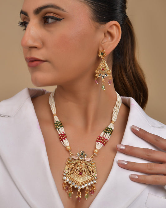 VOJ Gold Polished Designer Long Necklace With Earrings Set 