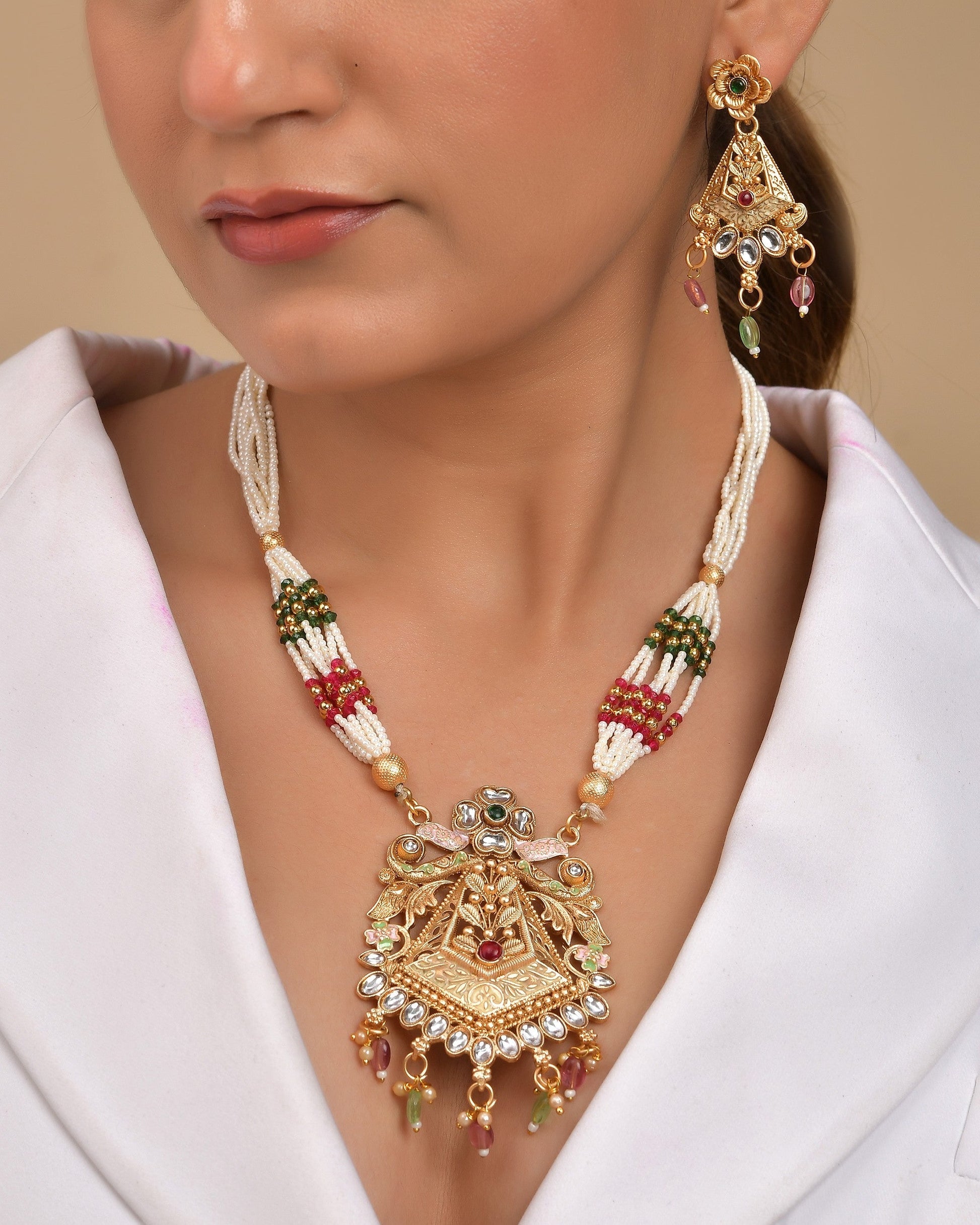 VOJ Gold Polished Designer Long Necklace With Earrings Set 