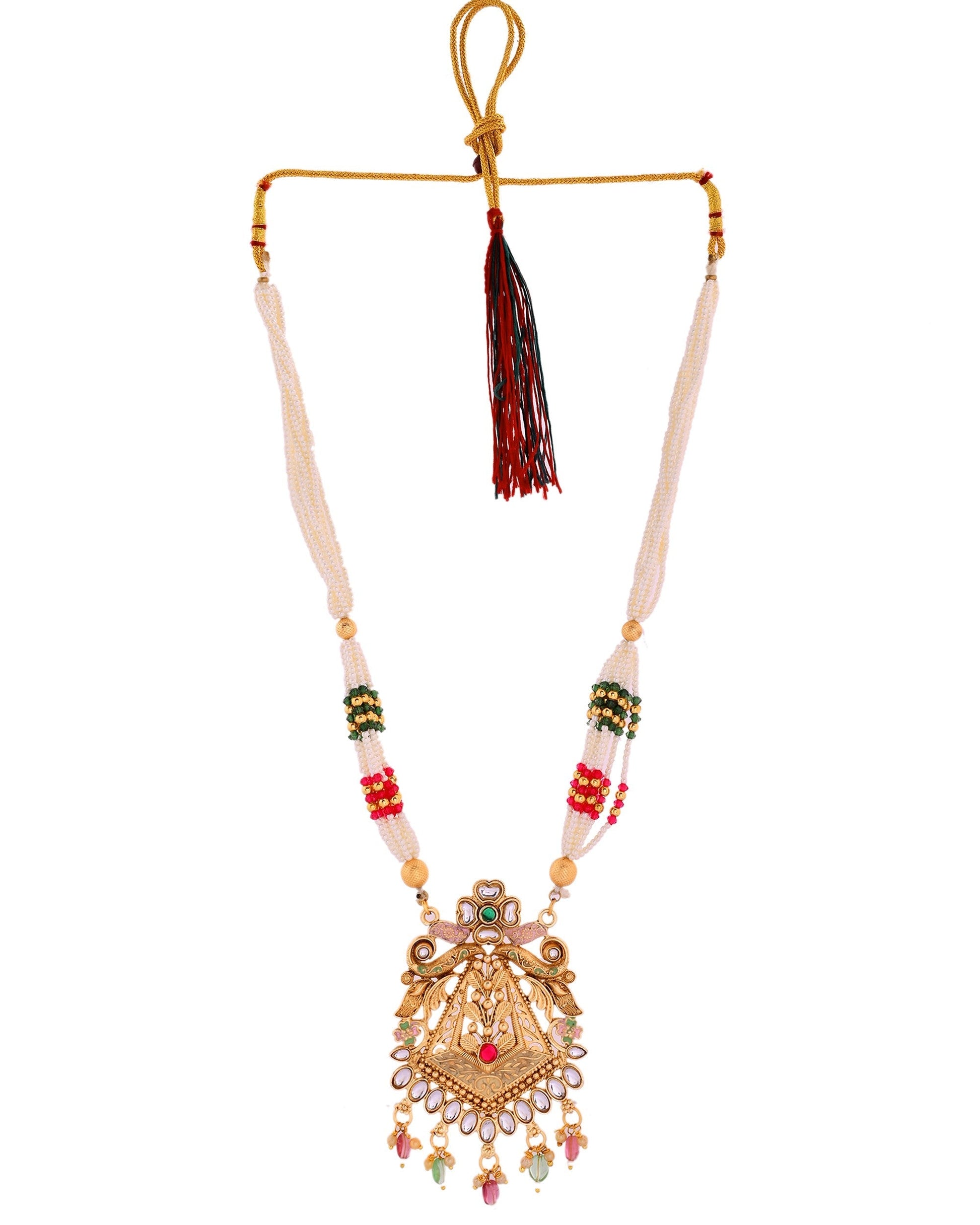 VOJ Gold Polished Designer Long Necklace With Earrings Set 