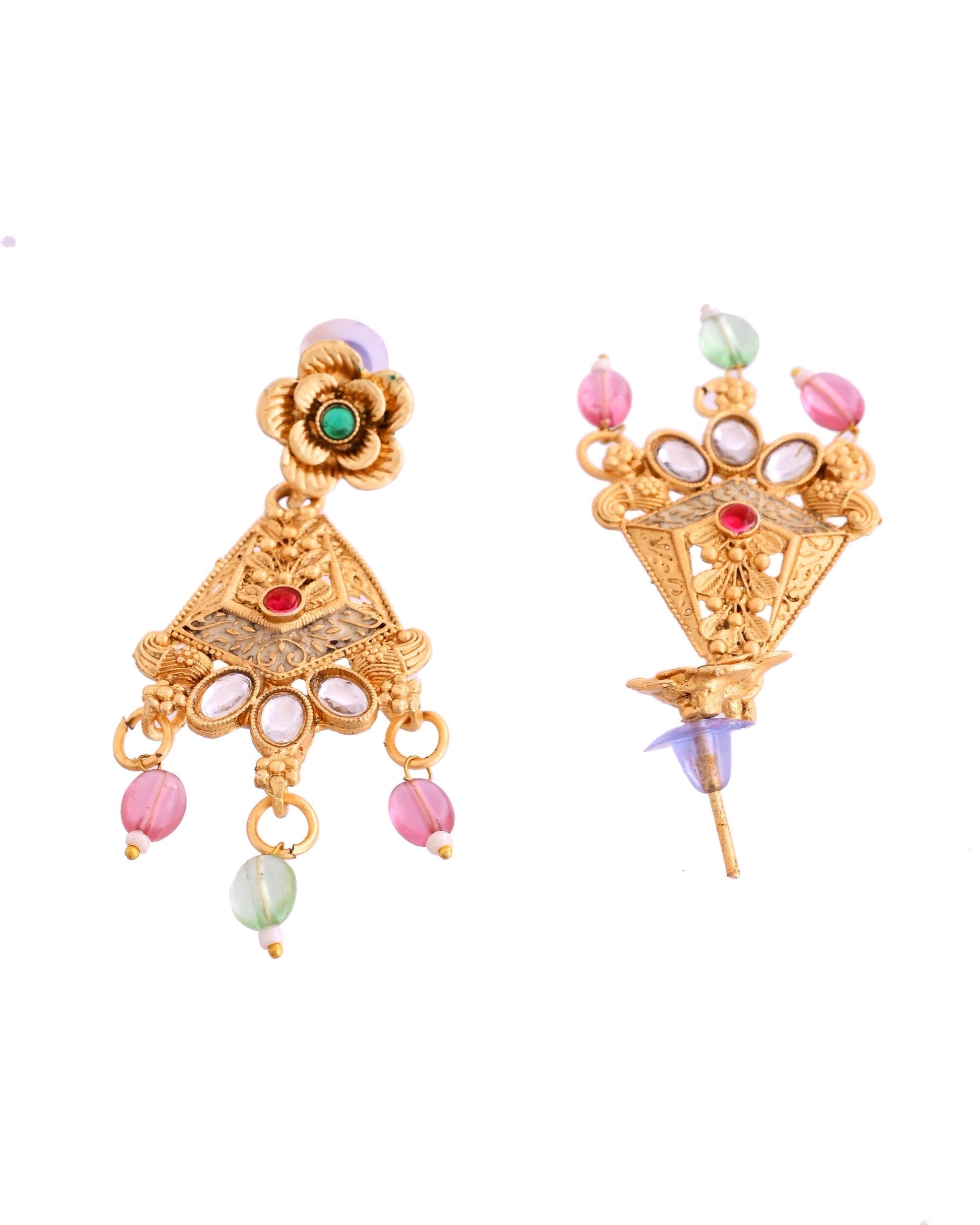 VOJ Gold Polished Designer Long Necklace With Earrings Set 