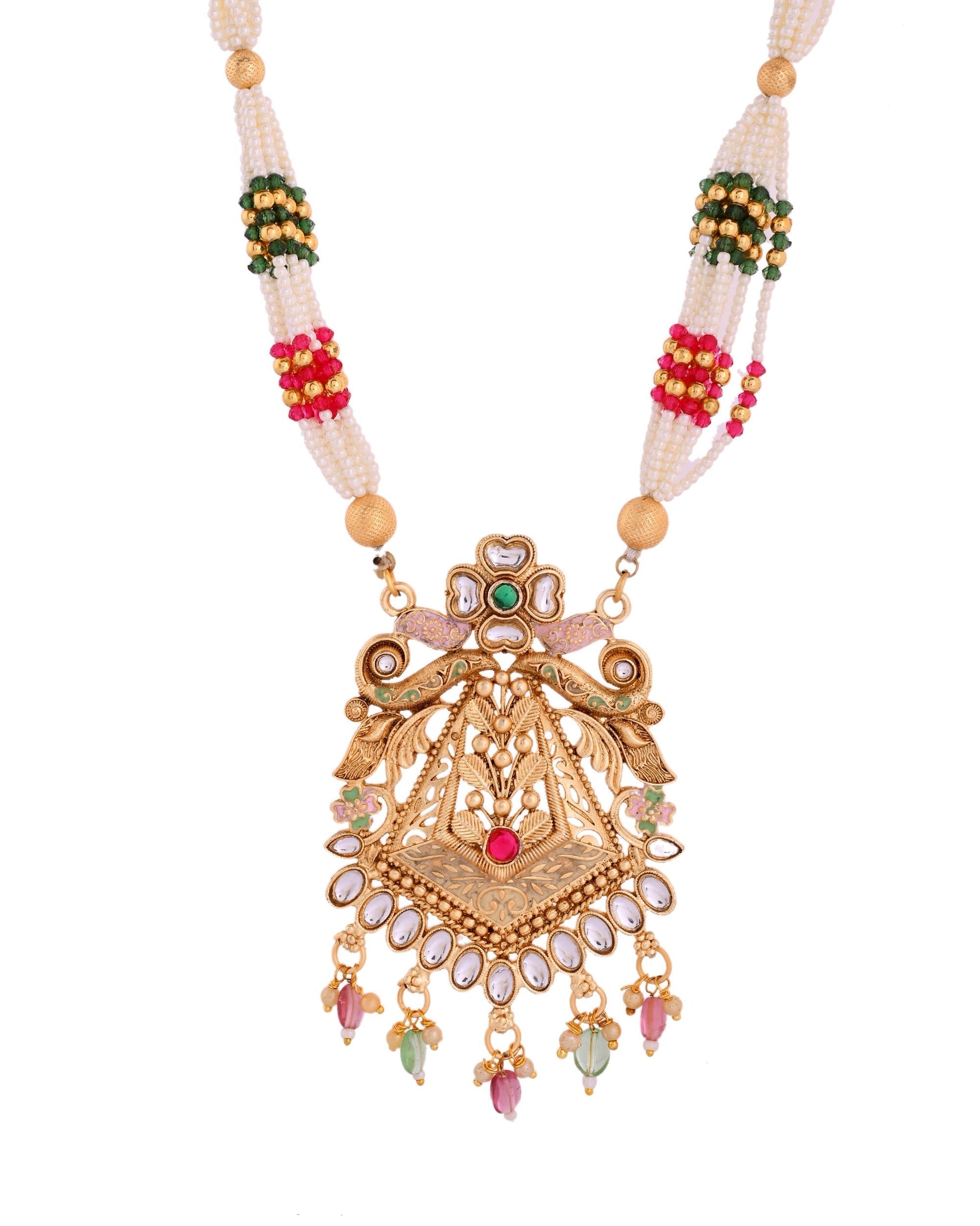 VOJ Gold Polished Designer Long Necklace With Earrings Set 