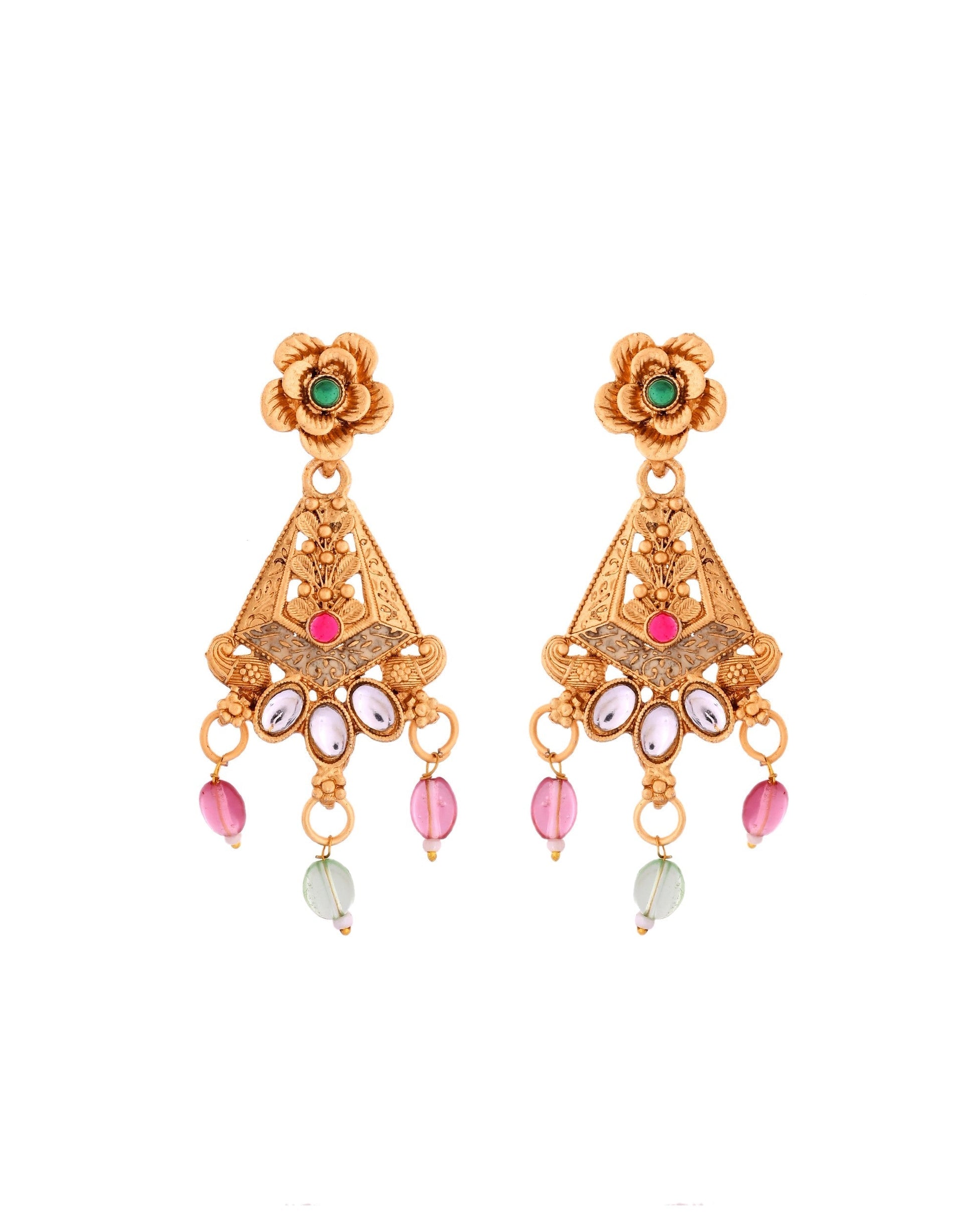 VOJ Gold Polished Designer Long Necklace With Earrings Set 