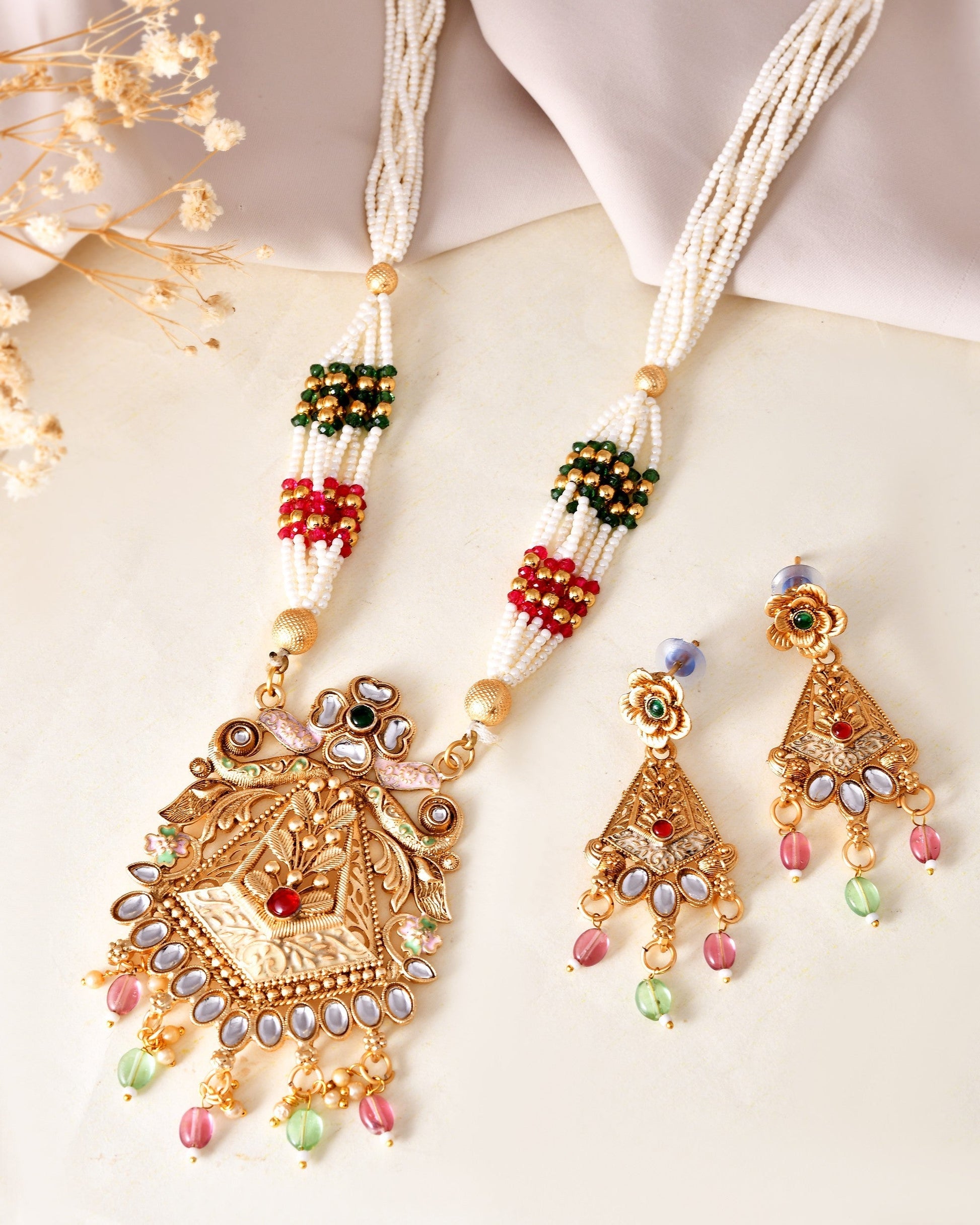 VOJ Gold Polished Designer Long Necklace With Earrings Set 