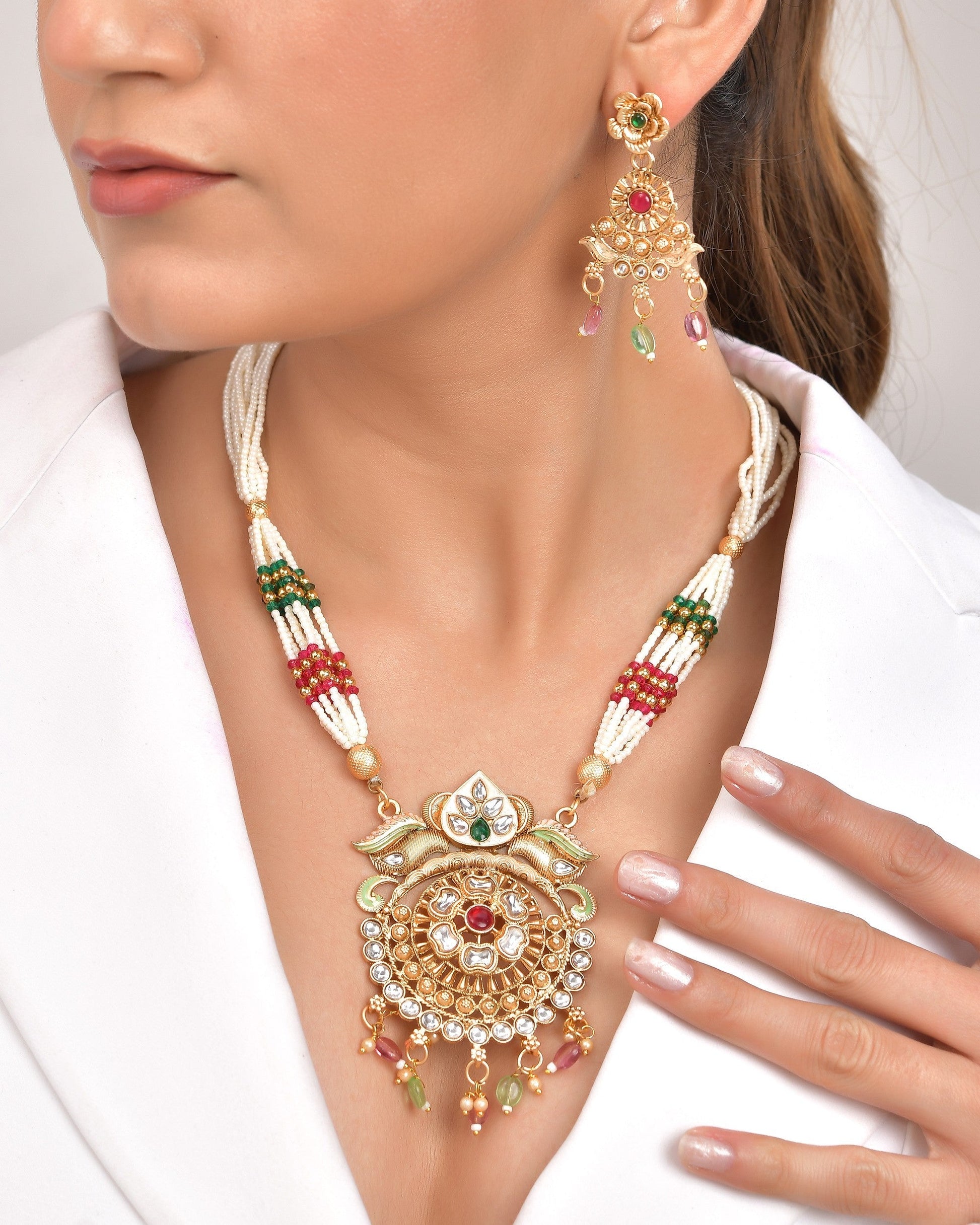 VOJ Gold Polished Traditional Long Necklace With Earrings Set 