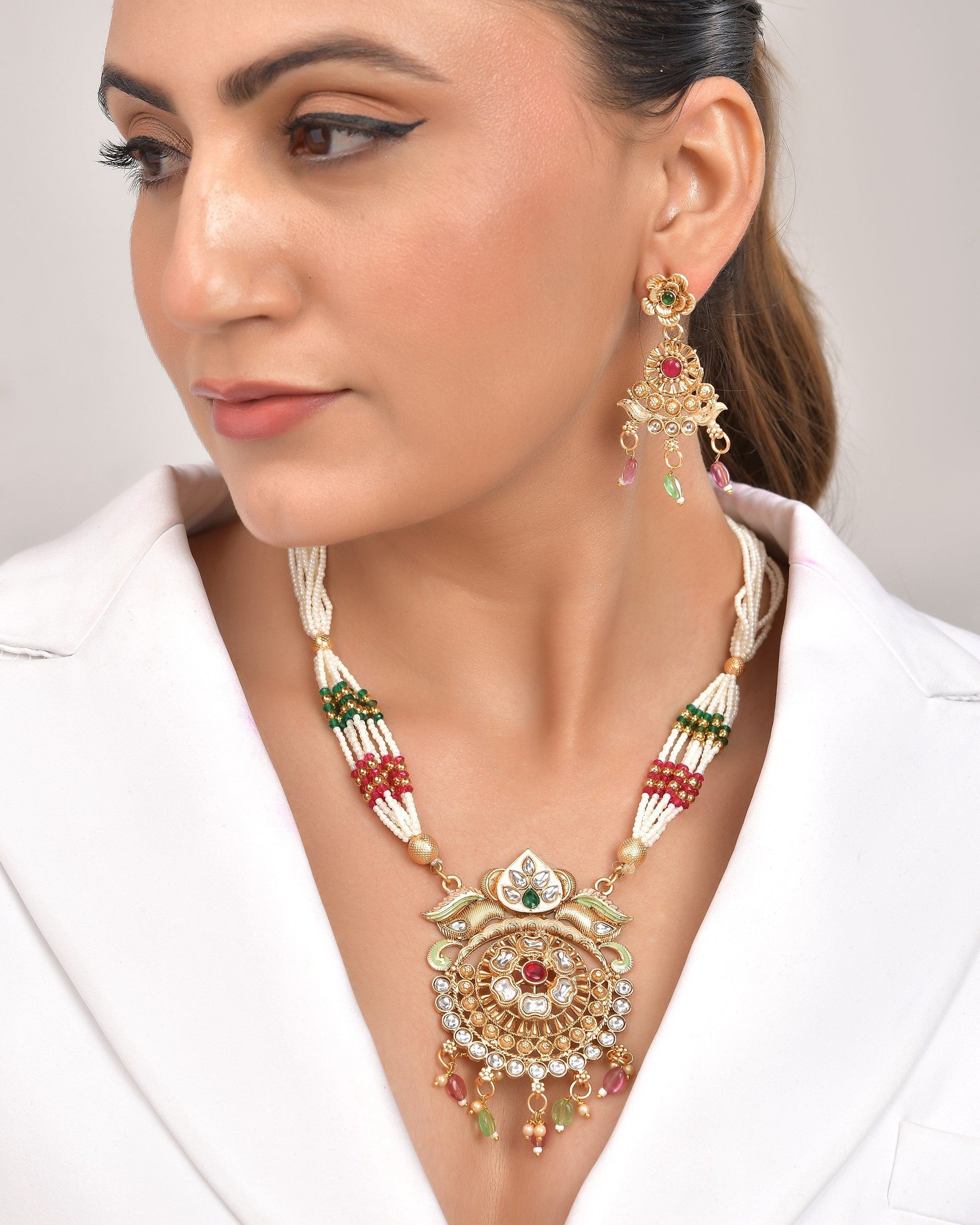 VOJ Gold Polished Traditional Long Necklace With Earrings Set 