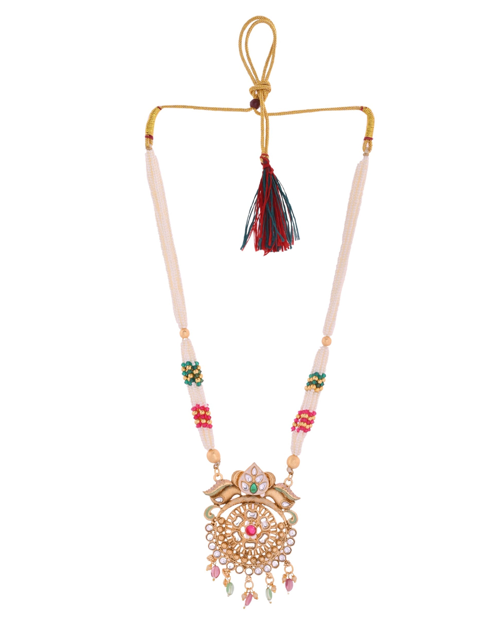 VOJ Gold Polished Traditional Long Necklace With Earrings Set 