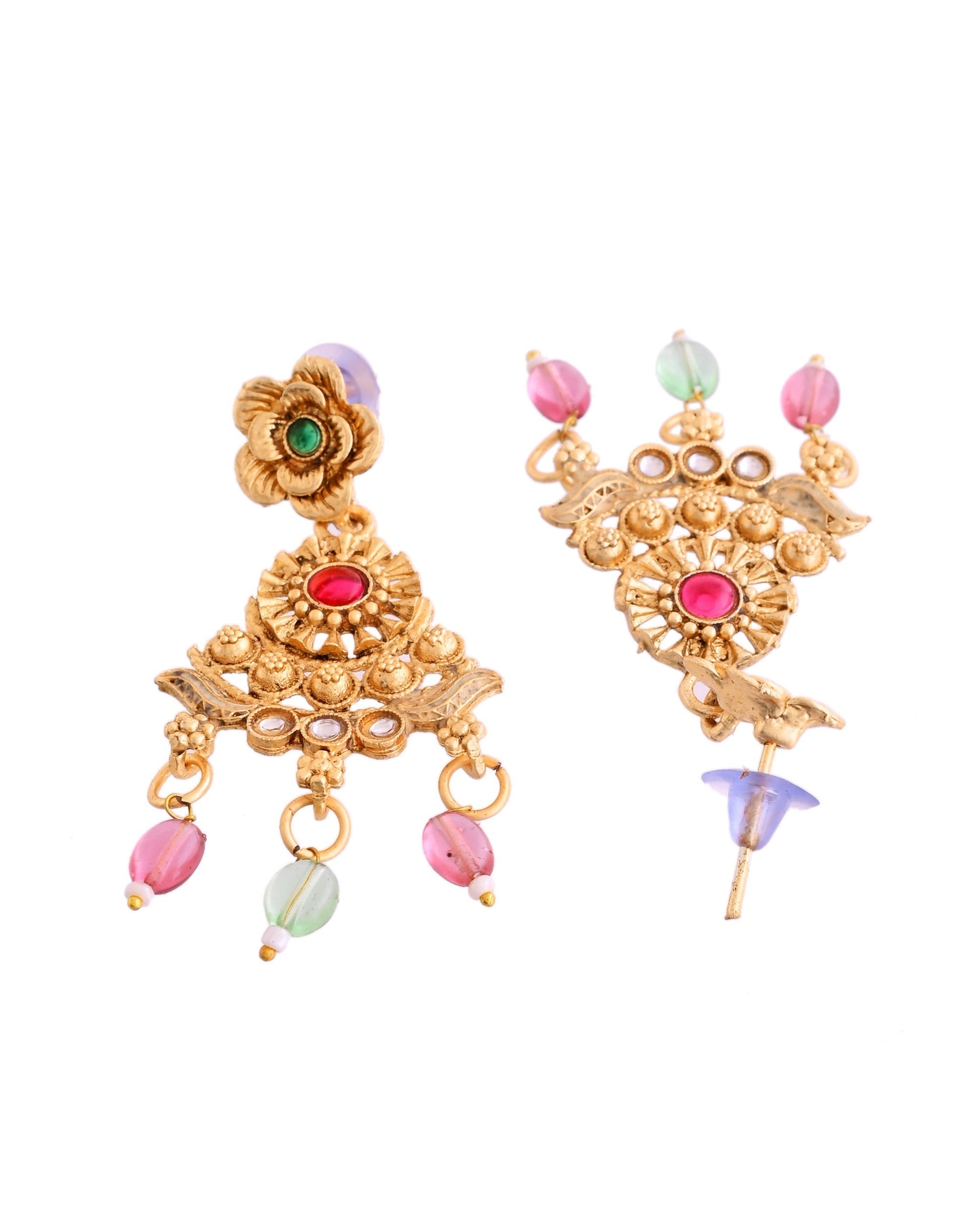 VOJ Gold Polished Traditional Long Necklace With Earrings Set 