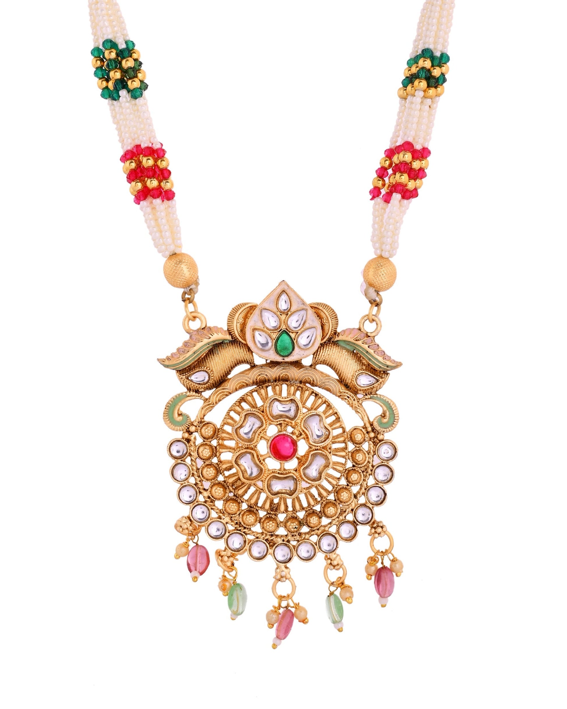 VOJ Gold Polished Traditional Long Necklace With Earrings Set 